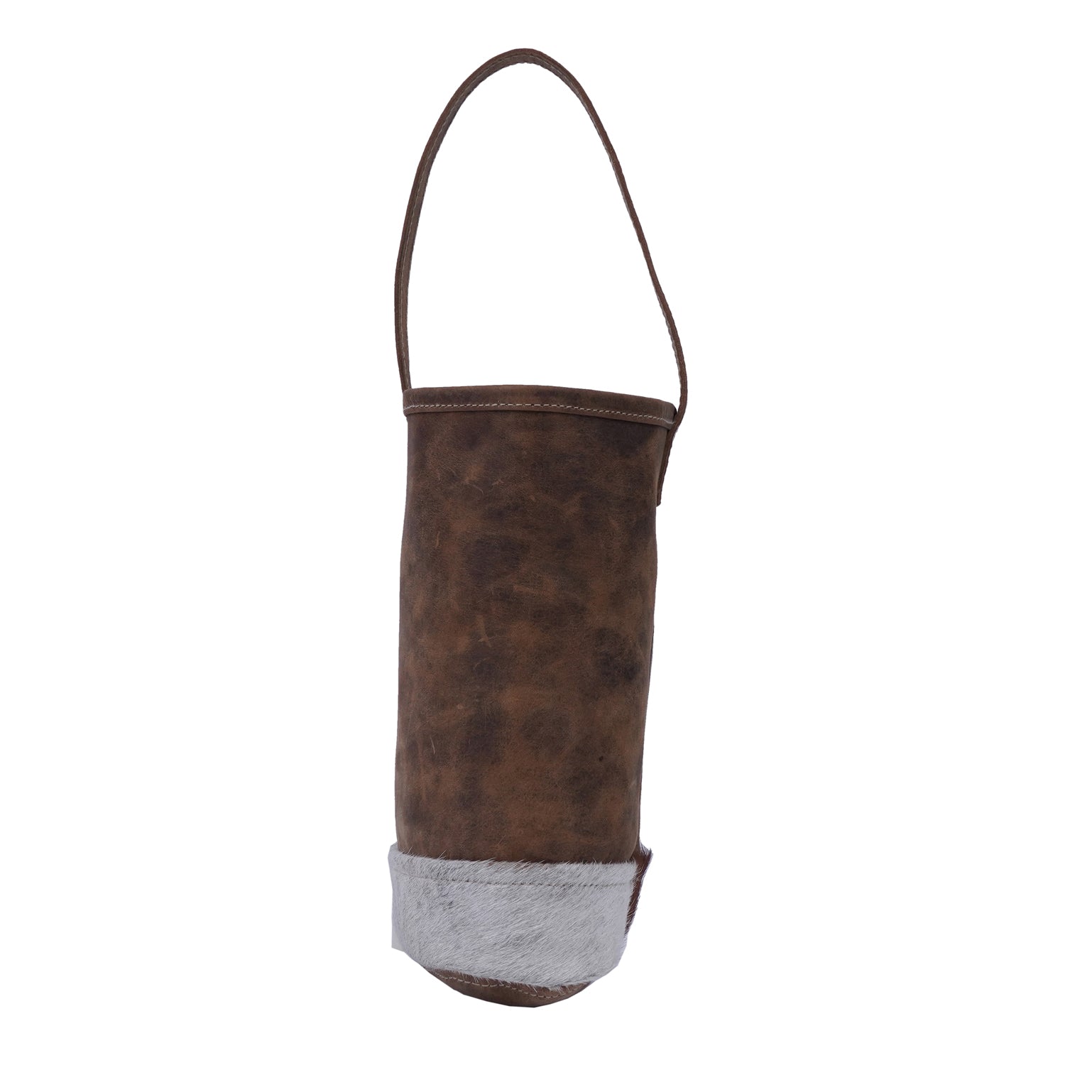 Handmade leather bottle cover with hairon material and strong handle, showcasing unique craftsmanship.