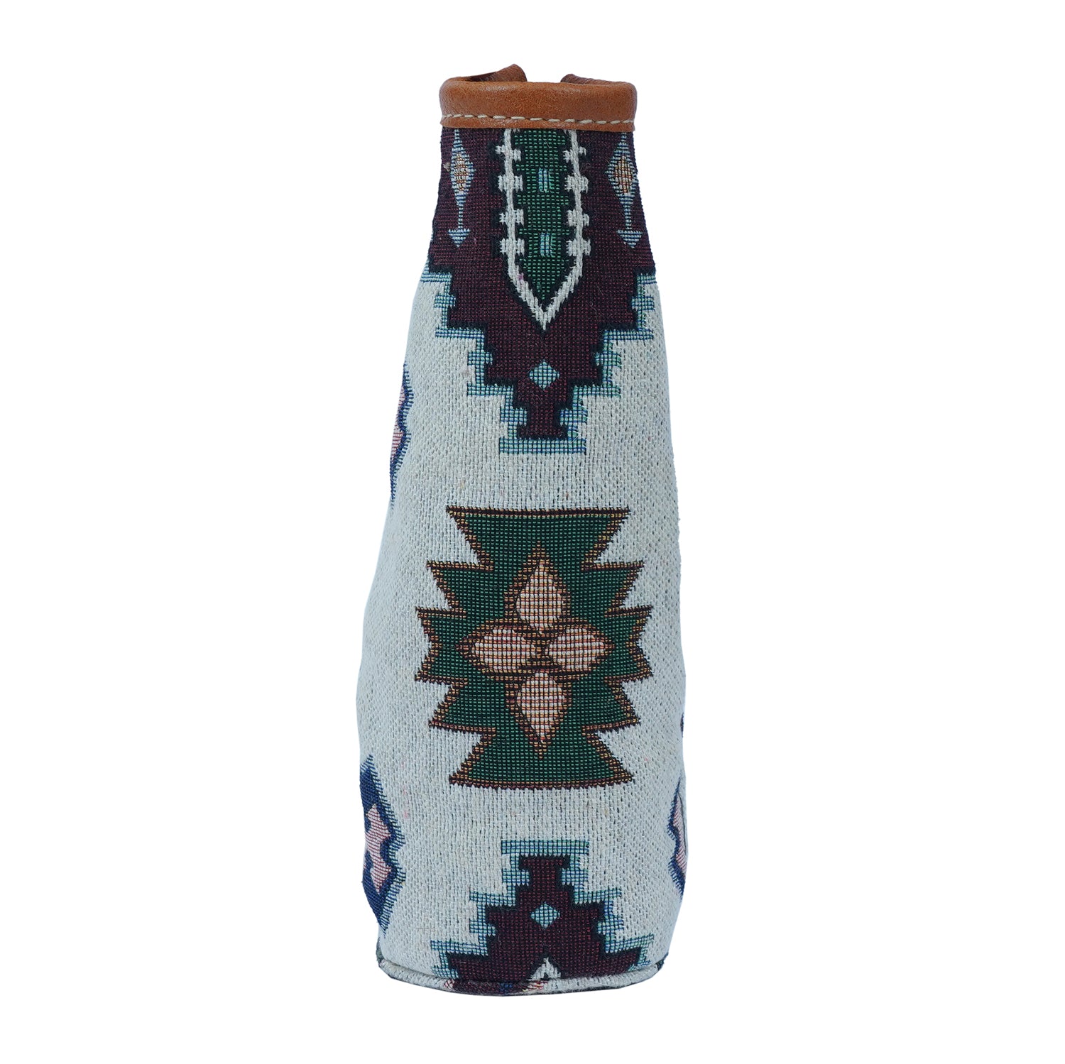 JH-1715 handmade bottle carrier made of cotton fabric and leather, showcasing its elegant design and stylish accents.