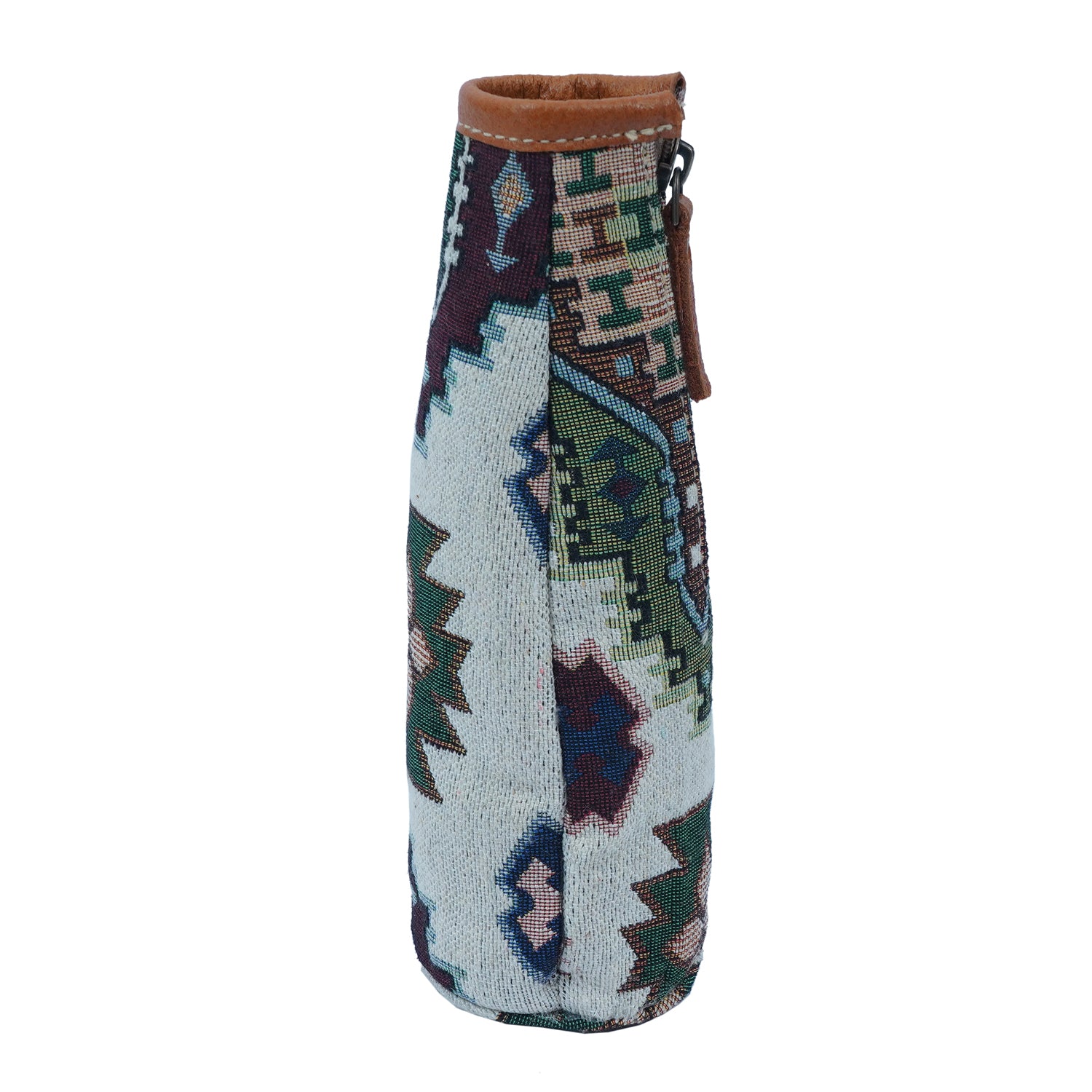 JH-1715 handmade bottle carrier made of cotton fabric and leather, showcasing its elegant design and stylish accents.