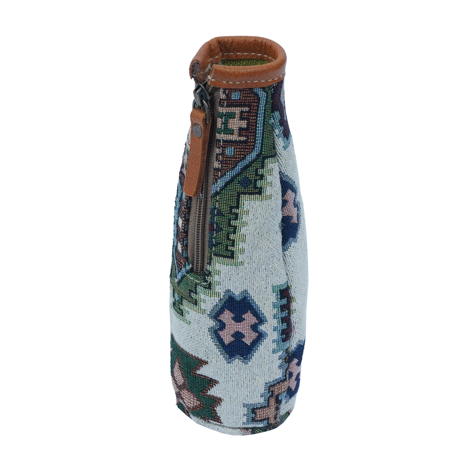 JH-1715 handmade bottle carrier made of cotton fabric and leather, showcasing its elegant design and stylish accents.