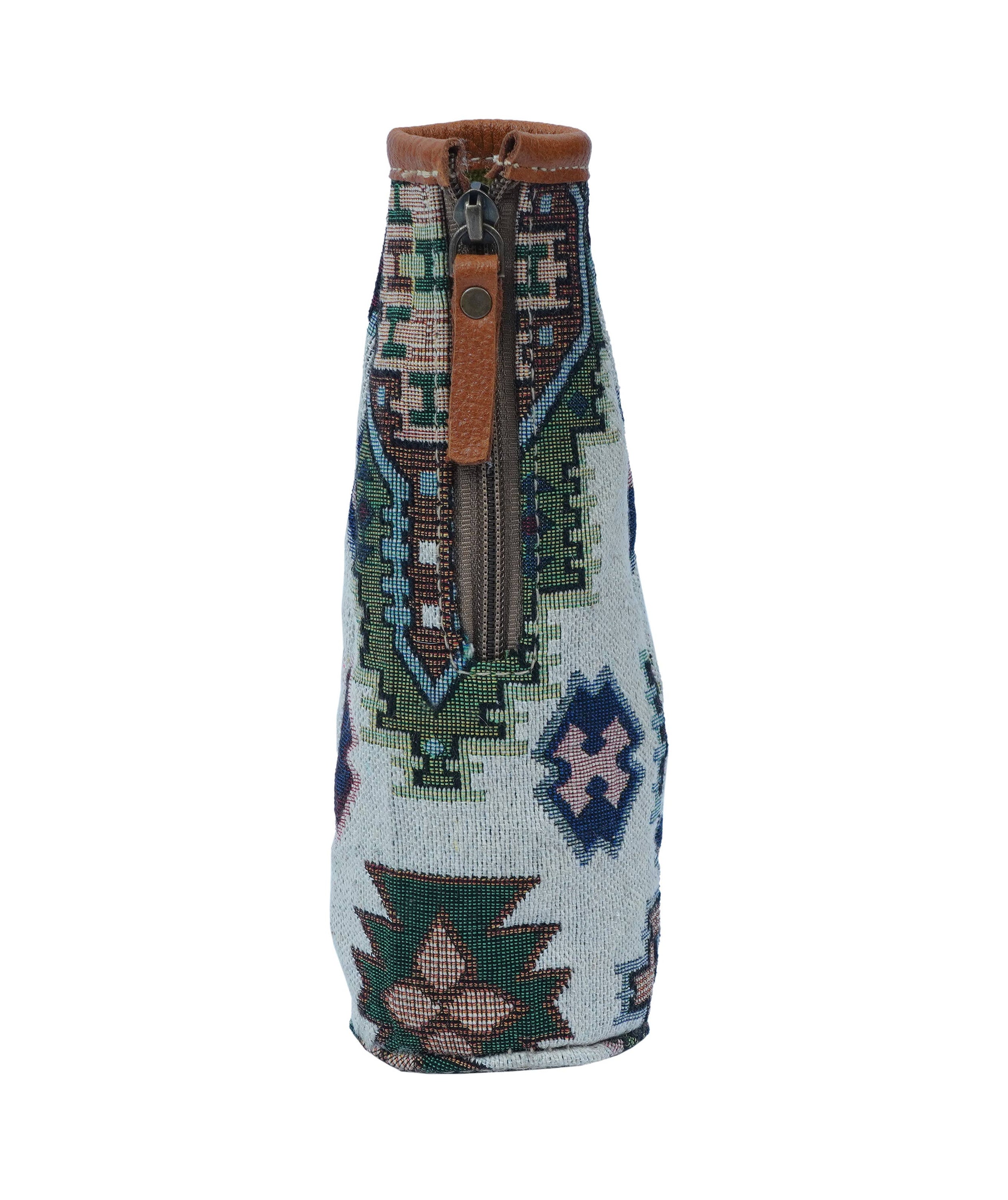 JH-1715 handmade bottle carrier made of cotton fabric and leather, showcasing its elegant design and stylish accents.