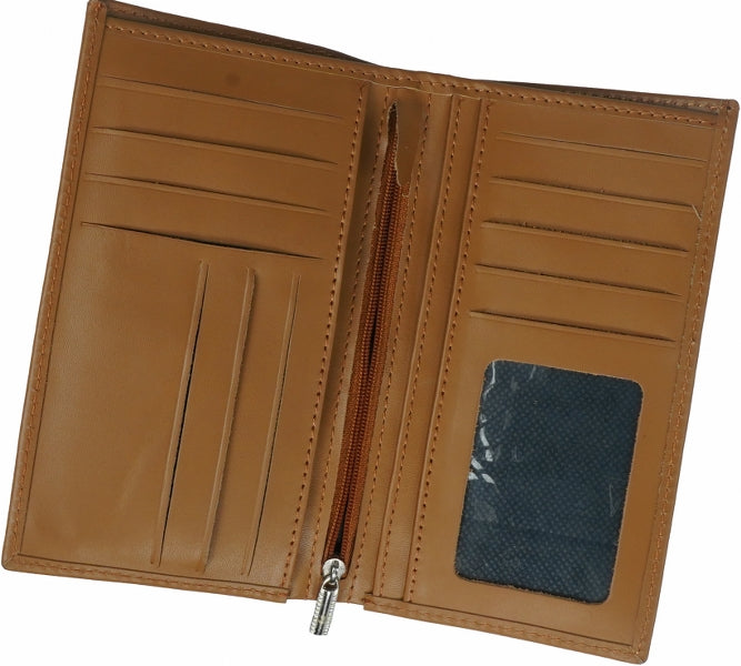 JILD-18 Pockets Leather Long Wallet in Tan Brown showcasing its elegant design and multiple compartments.