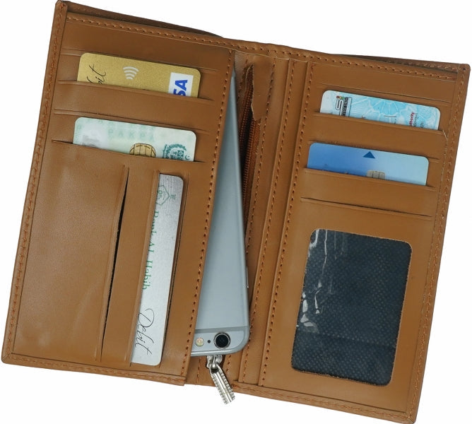 JILD-18 Pockets Leather Long Wallet in Tan Brown showcasing its elegant design and multiple compartments.