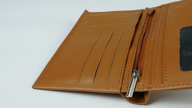 JILD-18 Pockets Leather Long Wallet in Tan Brown showcasing its elegant design and multiple compartments.