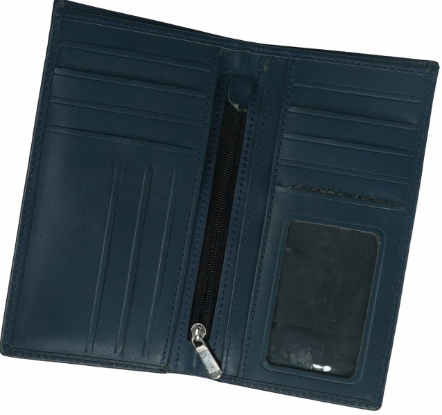 JILD-18 Pockets Leather Long Wallet in blue, showcasing its elegant design and multiple compartments for cards and cash.