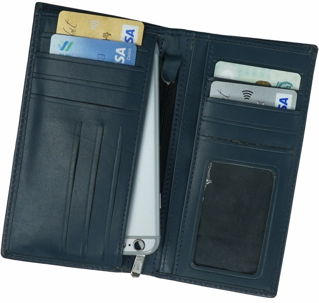 JILD-18 Pockets Leather Long Wallet in blue, showcasing its elegant design and multiple compartments for cards and cash.