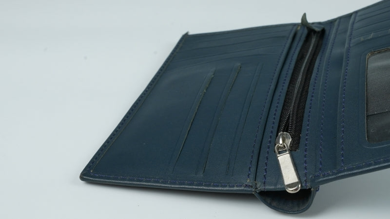 JILD-18 Pockets Leather Long Wallet in blue, showcasing its elegant design and multiple compartments for cards and cash.