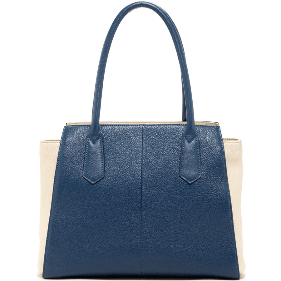 Jody Blue Ivory Leather Tote Bag featuring a two-tone design with light gold hardware and a spacious interior.