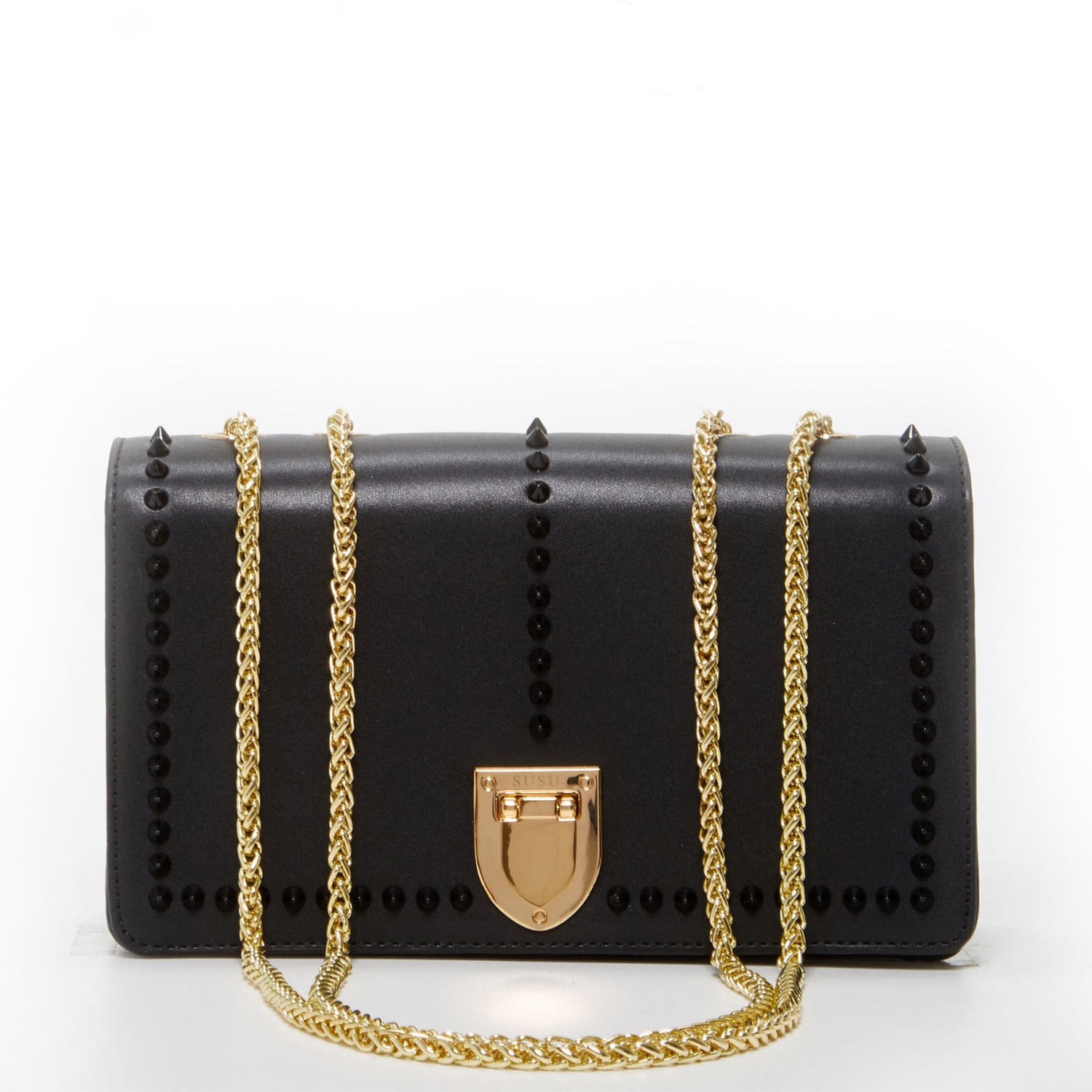 Josie Black Leather Chain Bag featuring decorative studs and a gold chain strap, perfect for stylish outings.