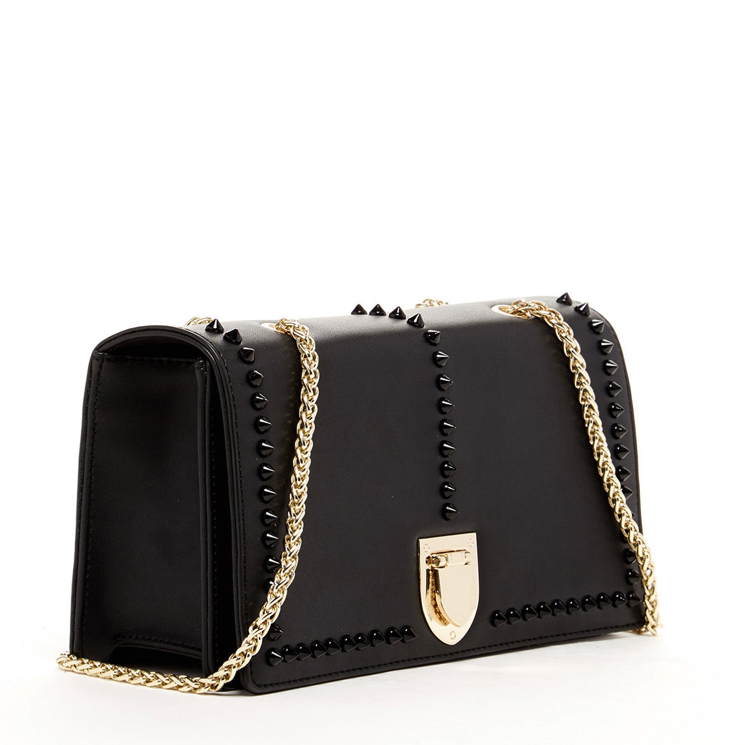 Josie Black Leather Chain Bag featuring decorative studs and a gold chain strap, perfect for stylish outings.