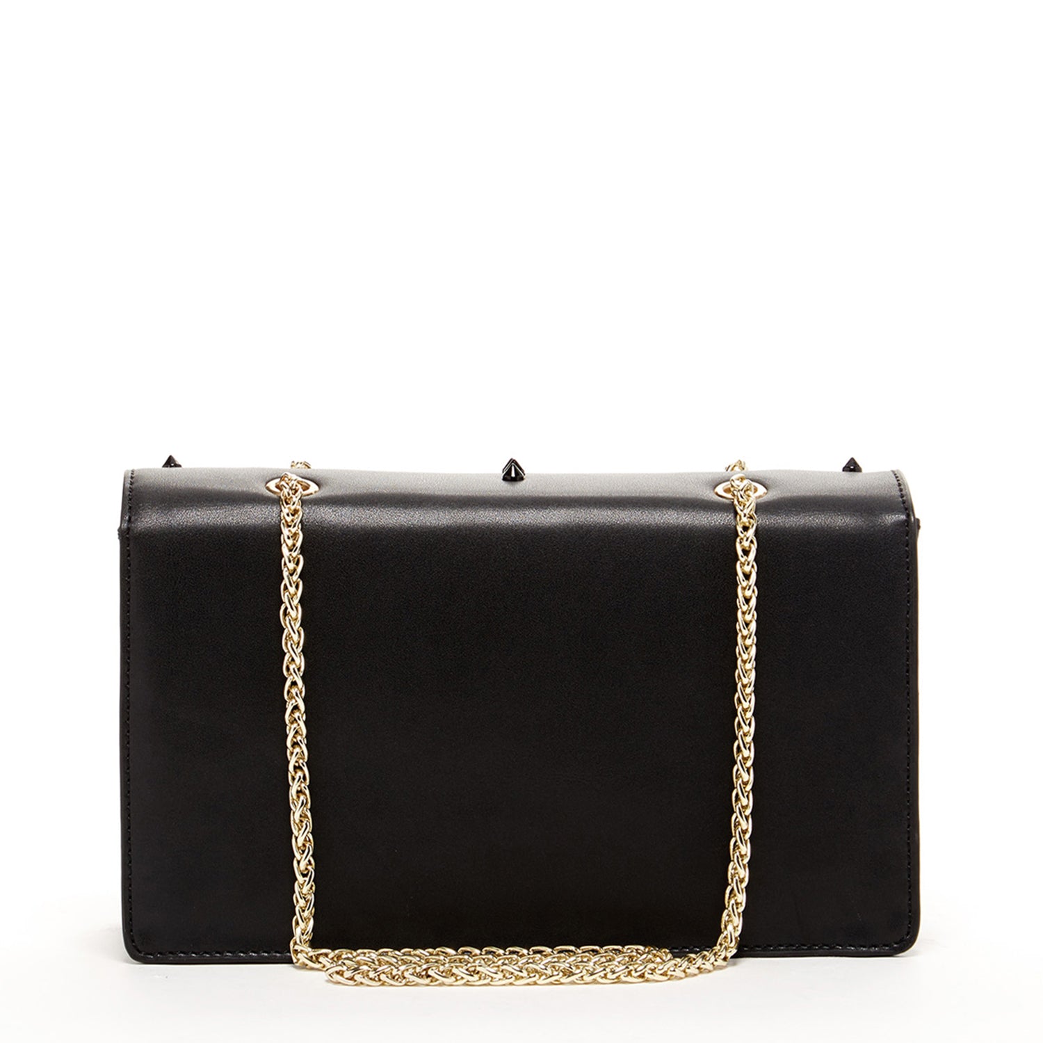 Josie Black Leather Chain Bag featuring decorative studs and a gold chain strap, perfect for stylish outings.