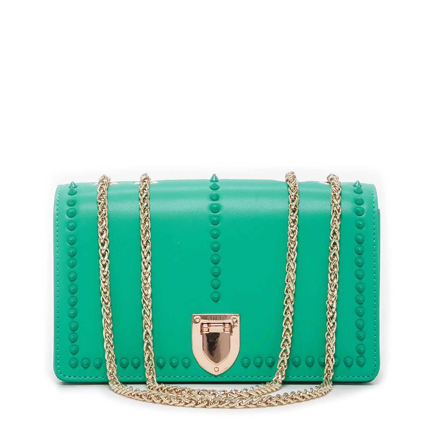 Josie Green Leather Bag with Chain Strap featuring decorative studs and a stylish design.