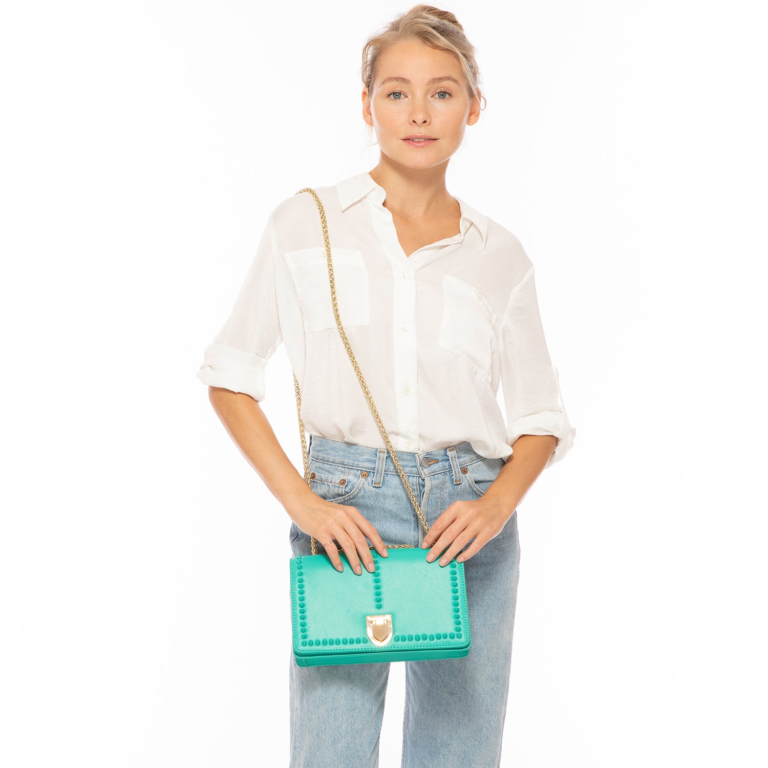 Josie Green Leather Bag with Chain Strap featuring decorative studs and a stylish design.