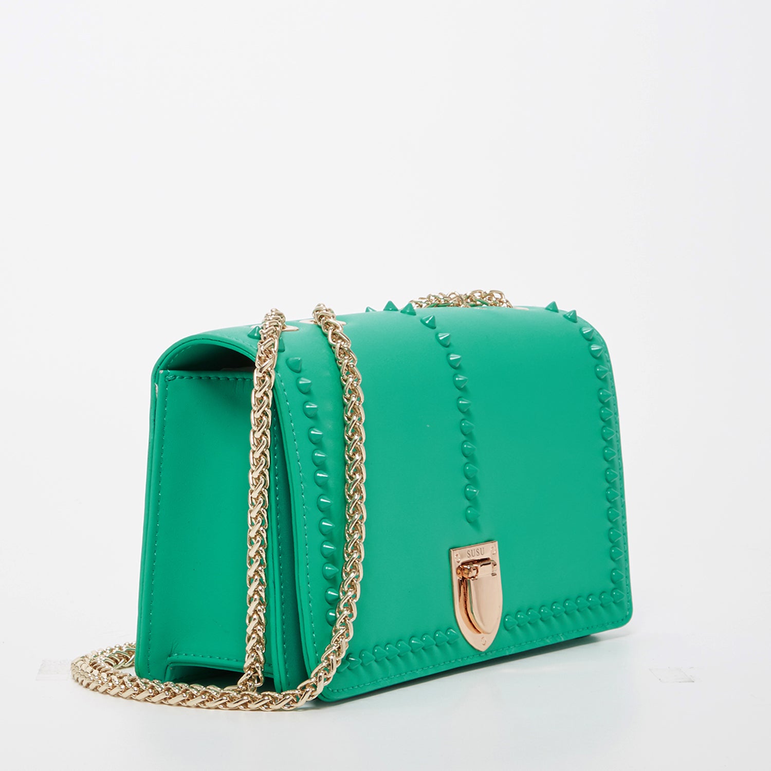 Josie Green Leather Bag with Chain Strap featuring decorative studs and a stylish design.