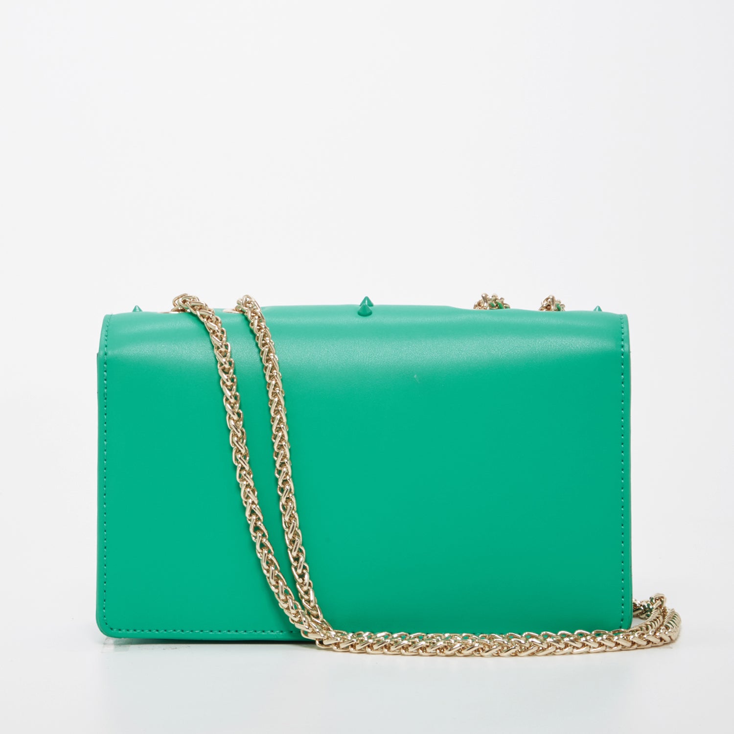 Josie Green Leather Bag with Chain Strap featuring decorative studs and a stylish design.