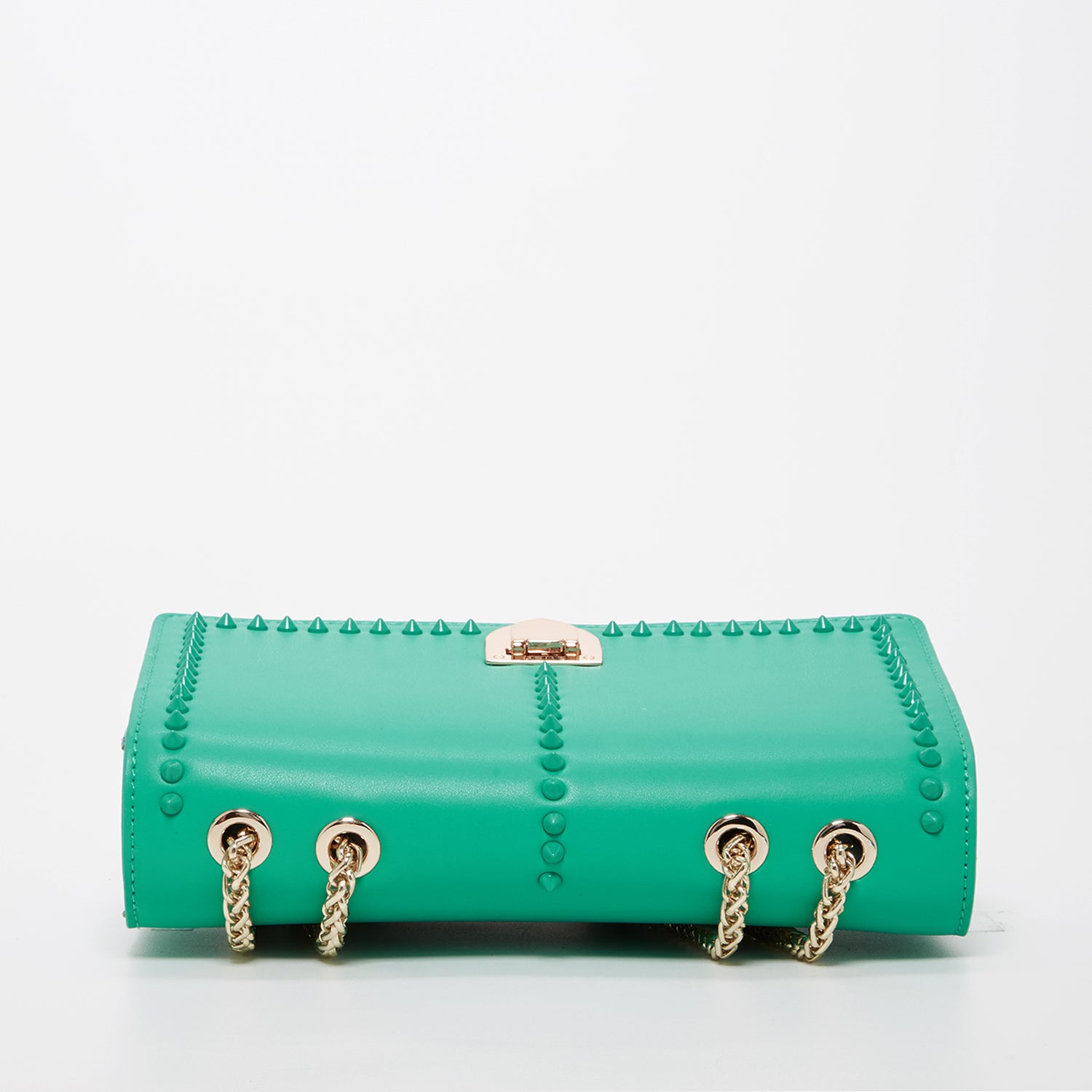 Josie Green Leather Bag with Chain Strap featuring decorative studs and a stylish design.