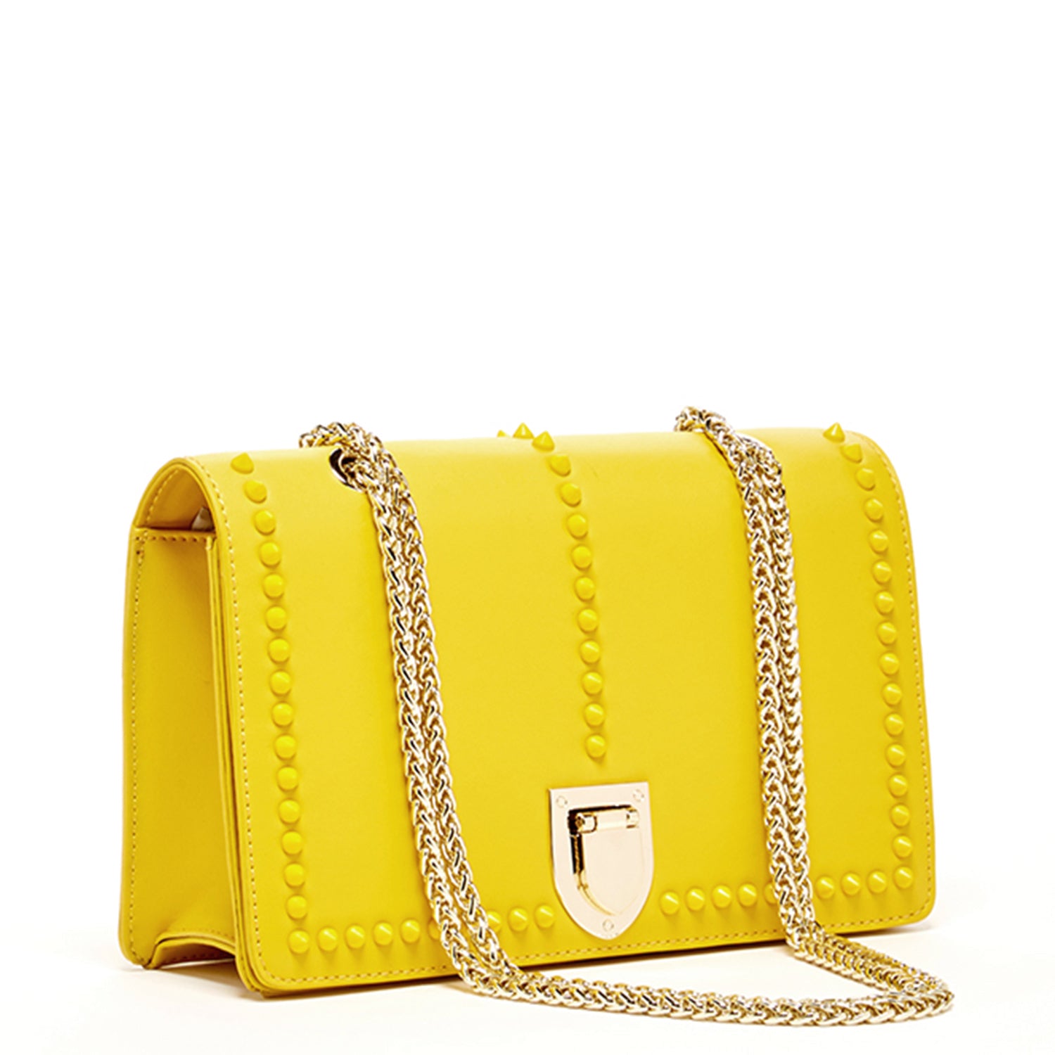 Josie Mustard Yellow Leather Purse with decorative studs and gold chain strap, showcasing its stylish design and functional features.