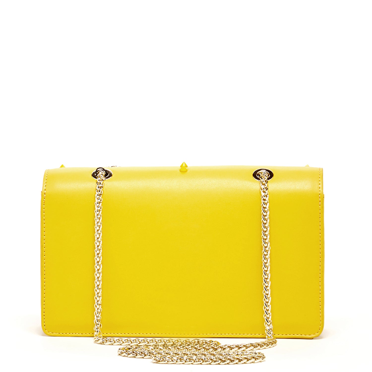 Josie Mustard Yellow Leather Purse with decorative studs and gold chain strap, showcasing its stylish design and functional features.