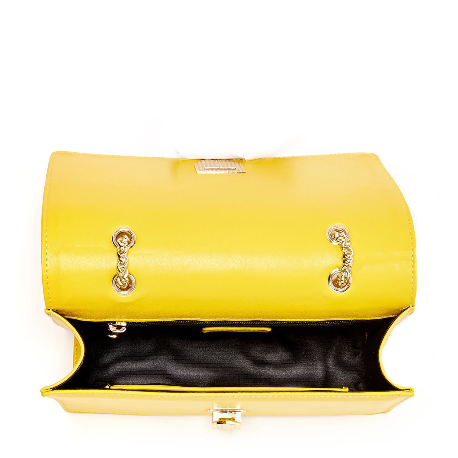 Josie Mustard Yellow Leather Purse with decorative studs and gold chain strap, showcasing its stylish design and functional features.