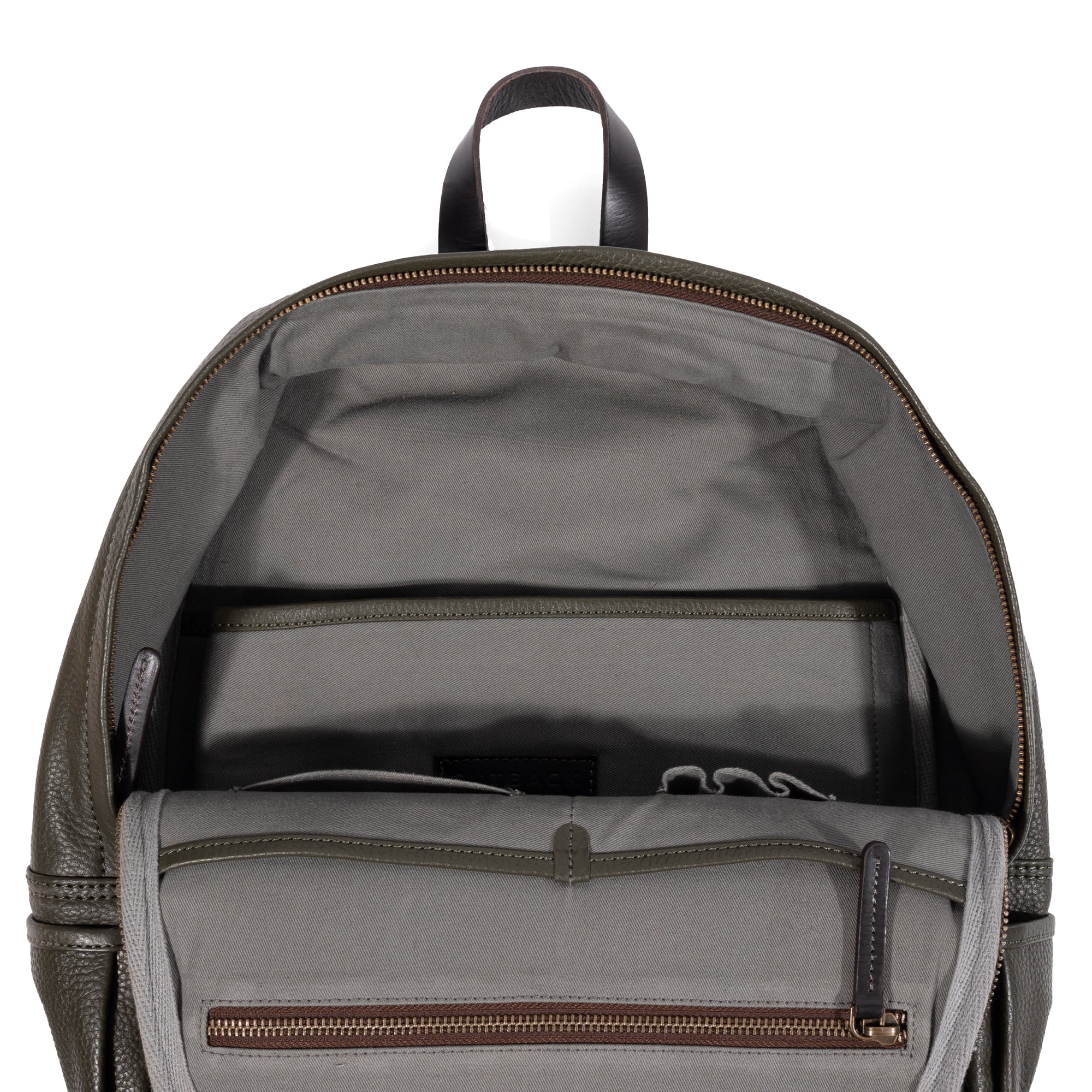 A stylish Journey Leather Backpack made from premium full grain leather, featuring multiple pockets and padded shoulder straps for comfort.