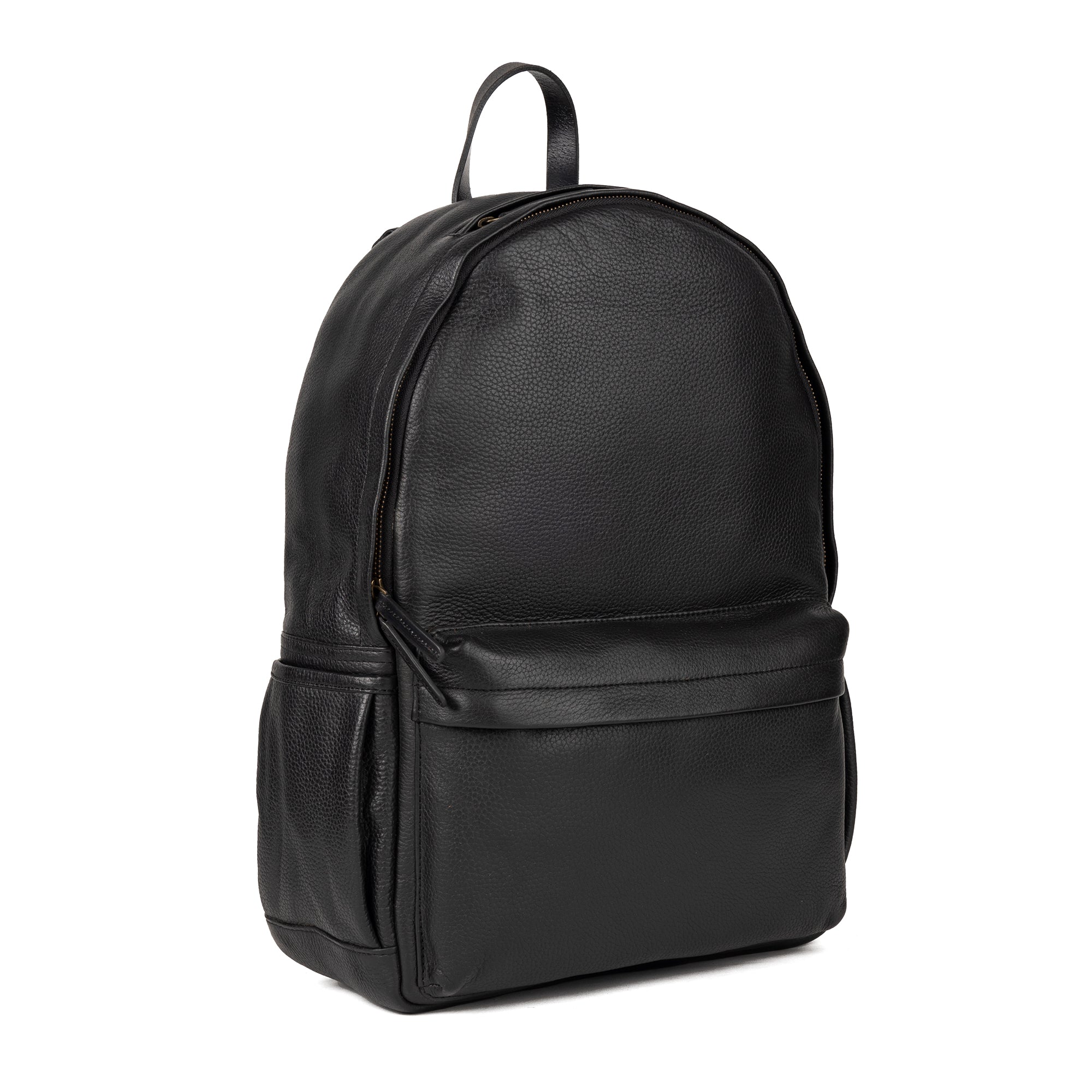 A stylish Journey Leather Backpack made from premium full grain leather, featuring multiple pockets and a padded laptop compartment.