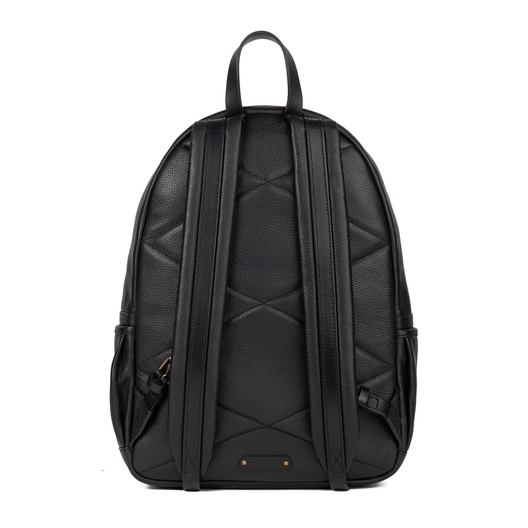 A stylish Journey Leather Backpack made from premium full grain leather, featuring multiple pockets and a padded laptop compartment.