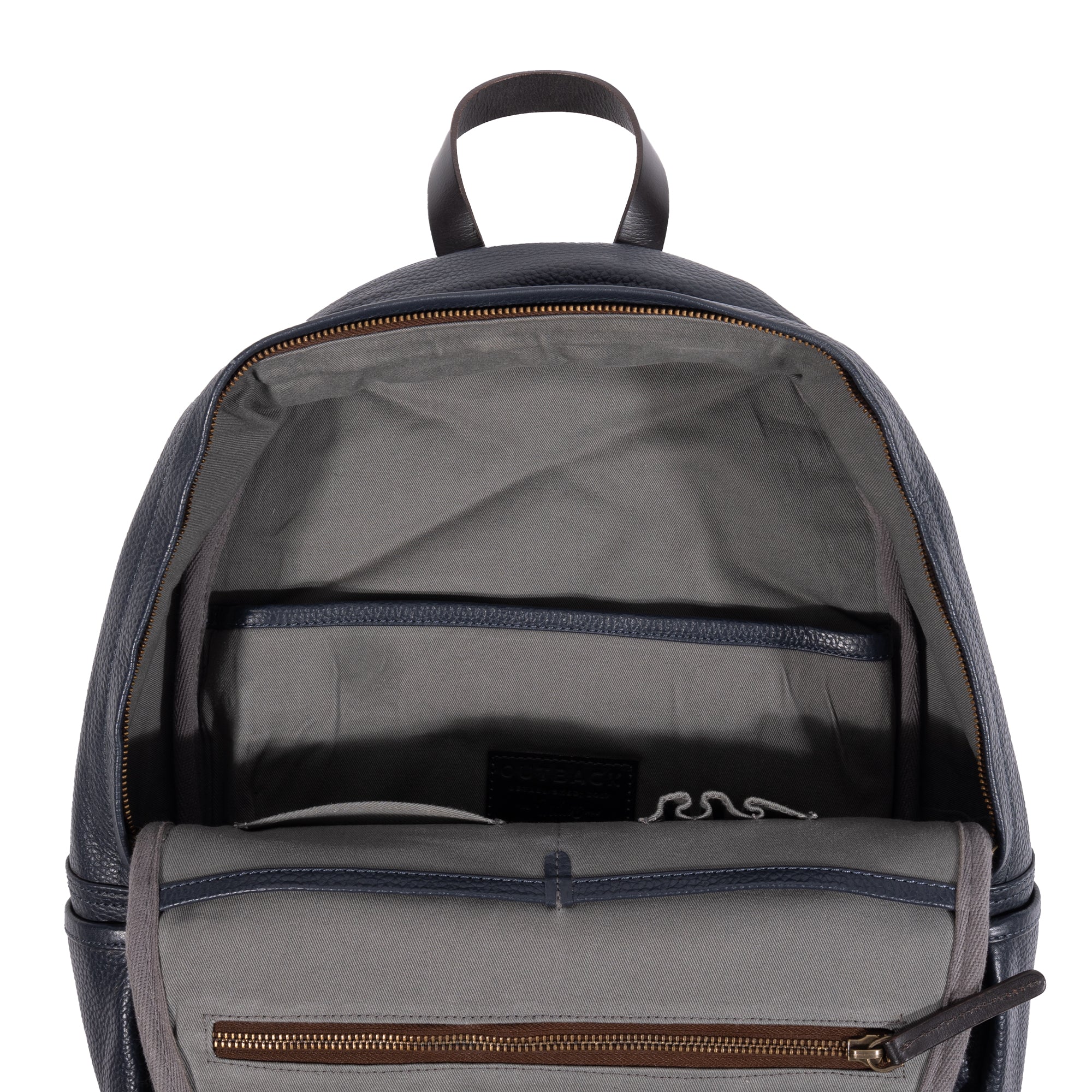 Journey Leather Backpack made from premium full grain leather, featuring padded laptop compartment and multiple pockets for organization.