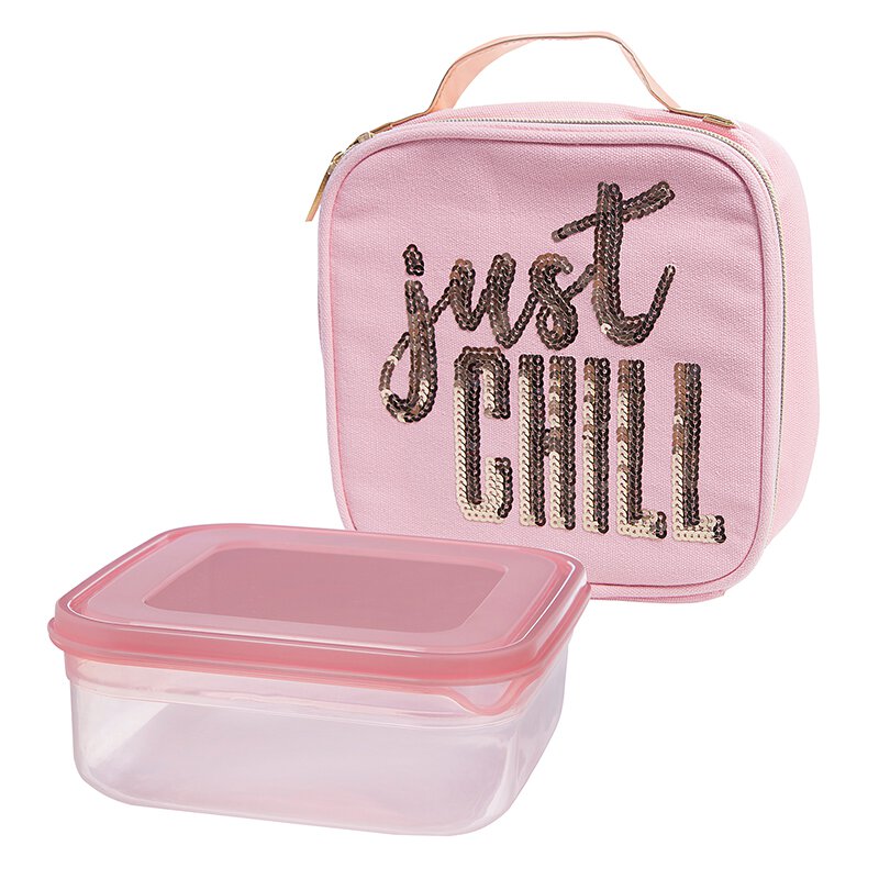 Just Chill Pink Combo Lunch Set featuring a sequin embellished lunch bag and a plastic food container, perfect for stylish meal packing.