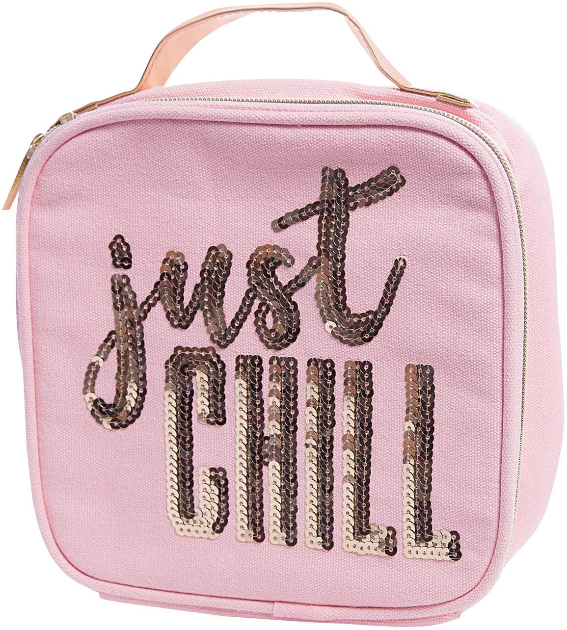 Just Chill Pink Combo Lunch Set featuring a sequin embellished lunch bag and a plastic food container, perfect for stylish meal packing.