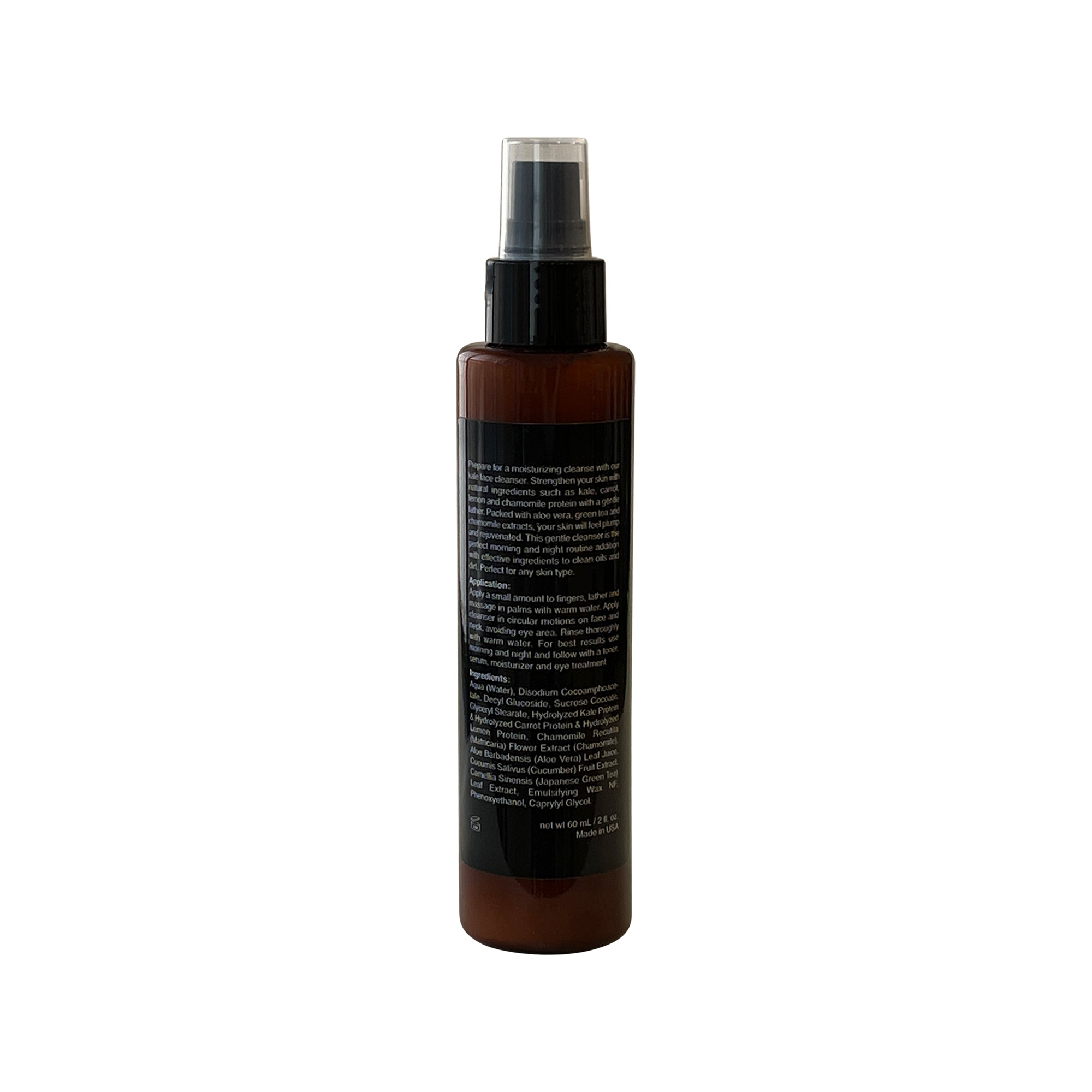 A bottle of Kale Face Cleanser featuring natural ingredients like kale, carrot, and chamomile, designed for all skin types.