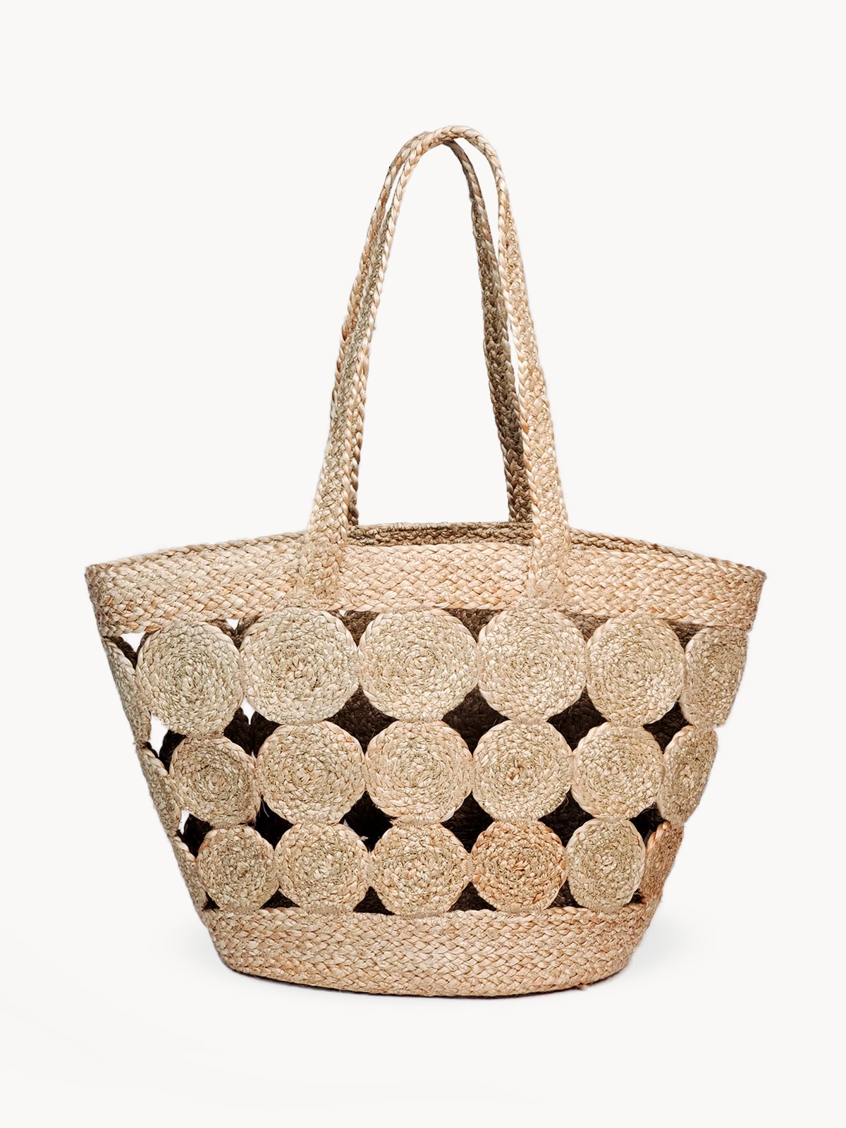 Kata Pompom Bag made from natural jute, featuring a spacious design and vibrant pompom details, perfect for Spring and Summer outings.