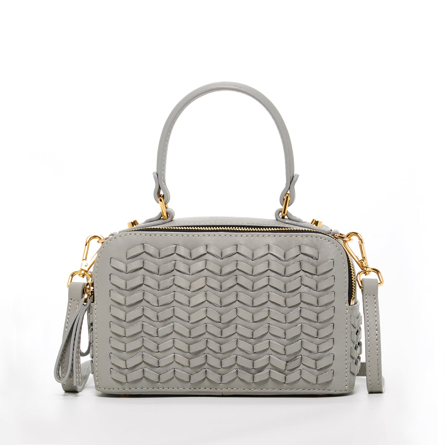 Kayla Light Gray Weave Leather Crossbody Purse featuring a boxy shape, woven leather front, and gold hardware accents.