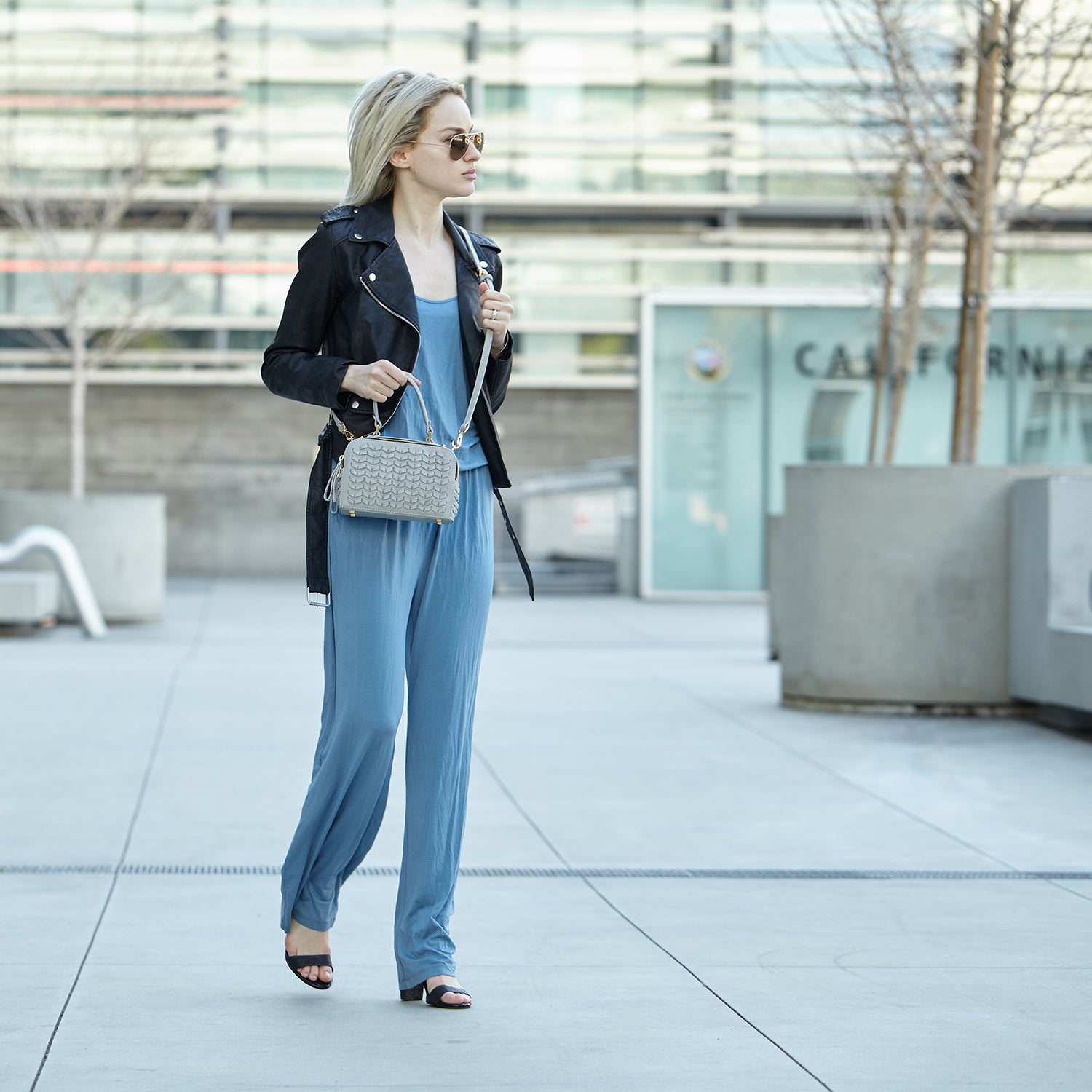 Kayla Light Gray Weave Leather Crossbody Purse featuring a boxy shape, woven leather front, and gold hardware accents.