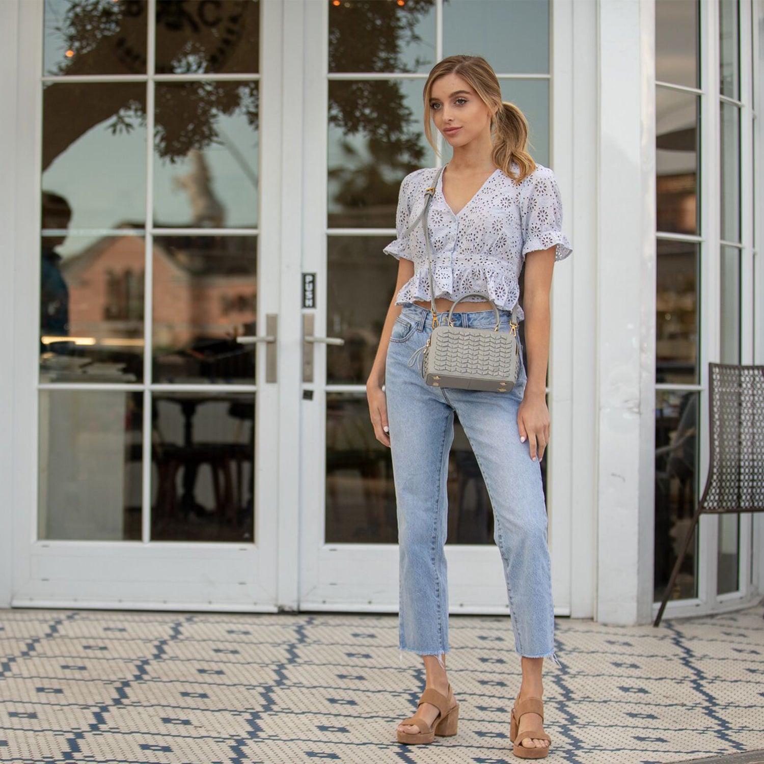 Kayla Light Gray Weave Leather Crossbody Purse featuring a boxy shape, woven leather front, and gold hardware accents.