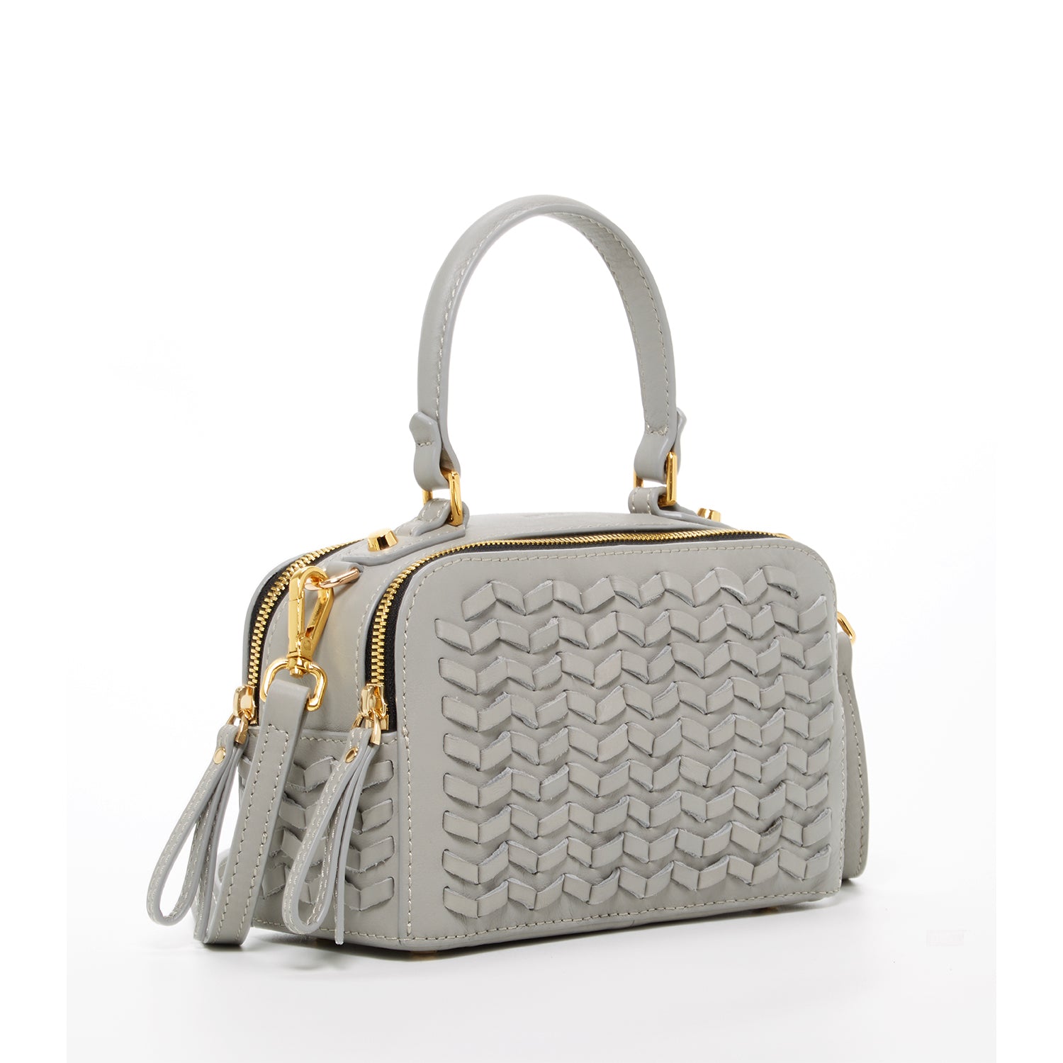 Kayla Light Gray Weave Leather Crossbody Purse featuring a boxy shape, woven leather front, and gold hardware accents.