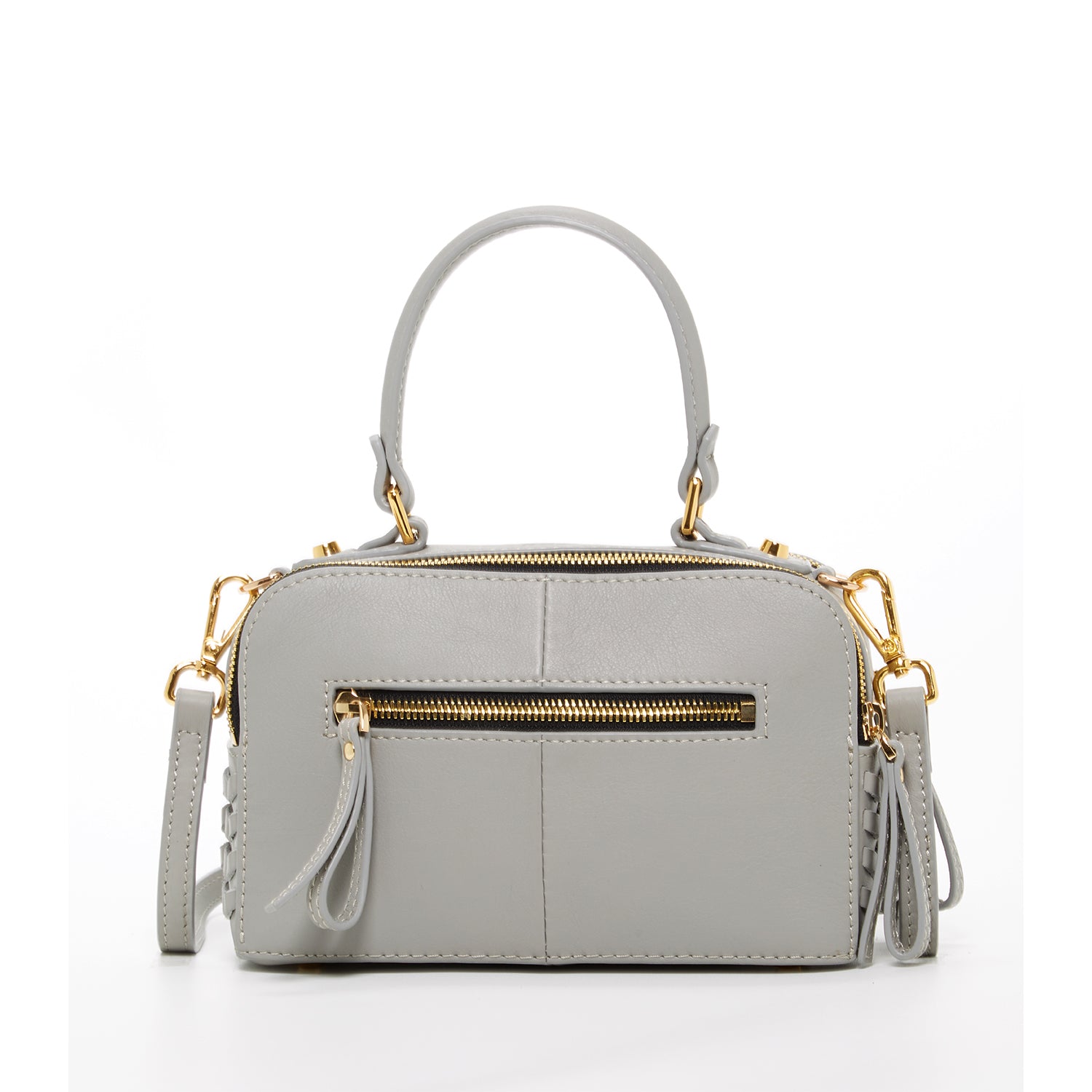 Kayla Light Gray Weave Leather Crossbody Purse featuring a boxy shape, woven leather front, and gold hardware accents.