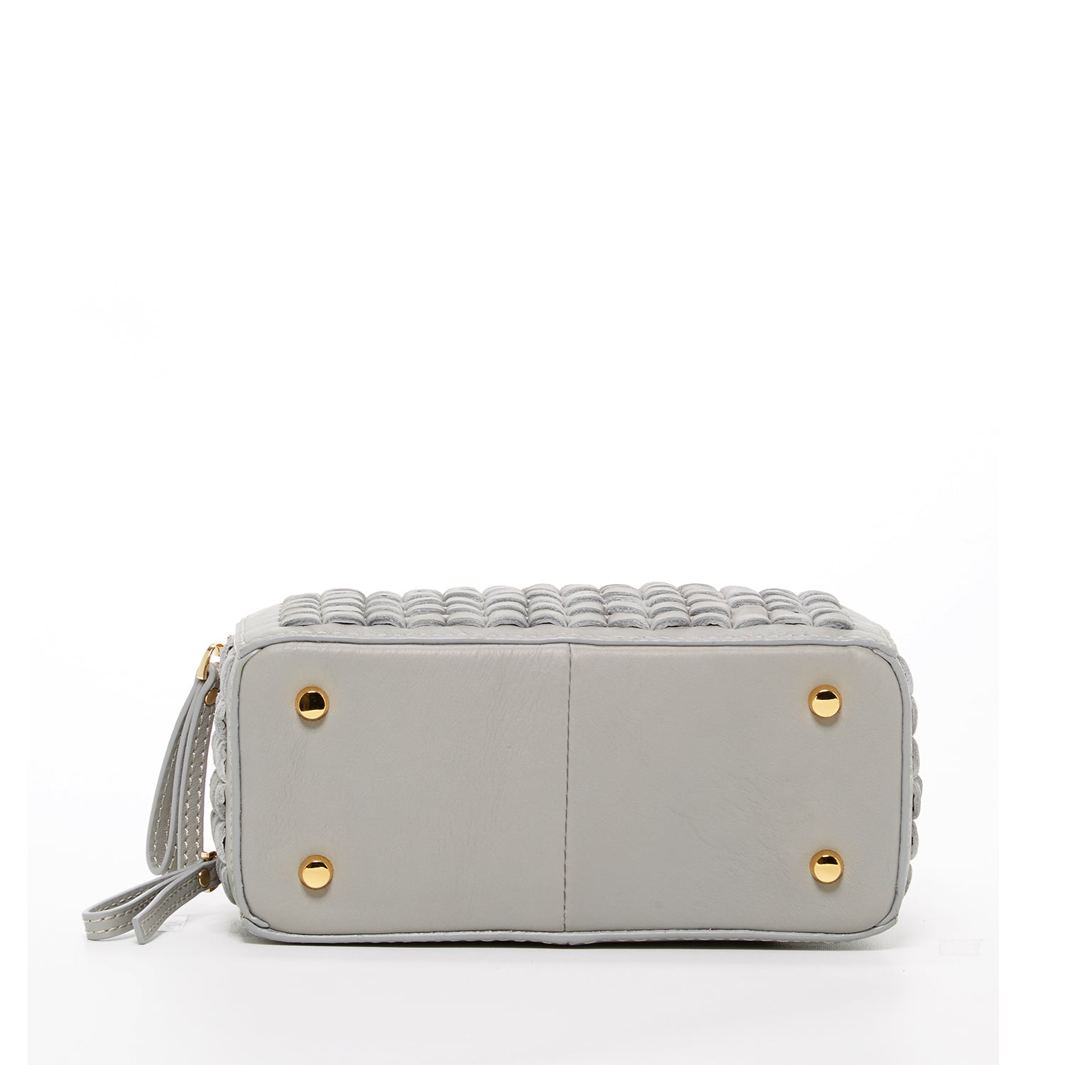 Kayla Light Gray Weave Leather Crossbody Purse featuring a boxy shape, woven leather front, and gold hardware accents.