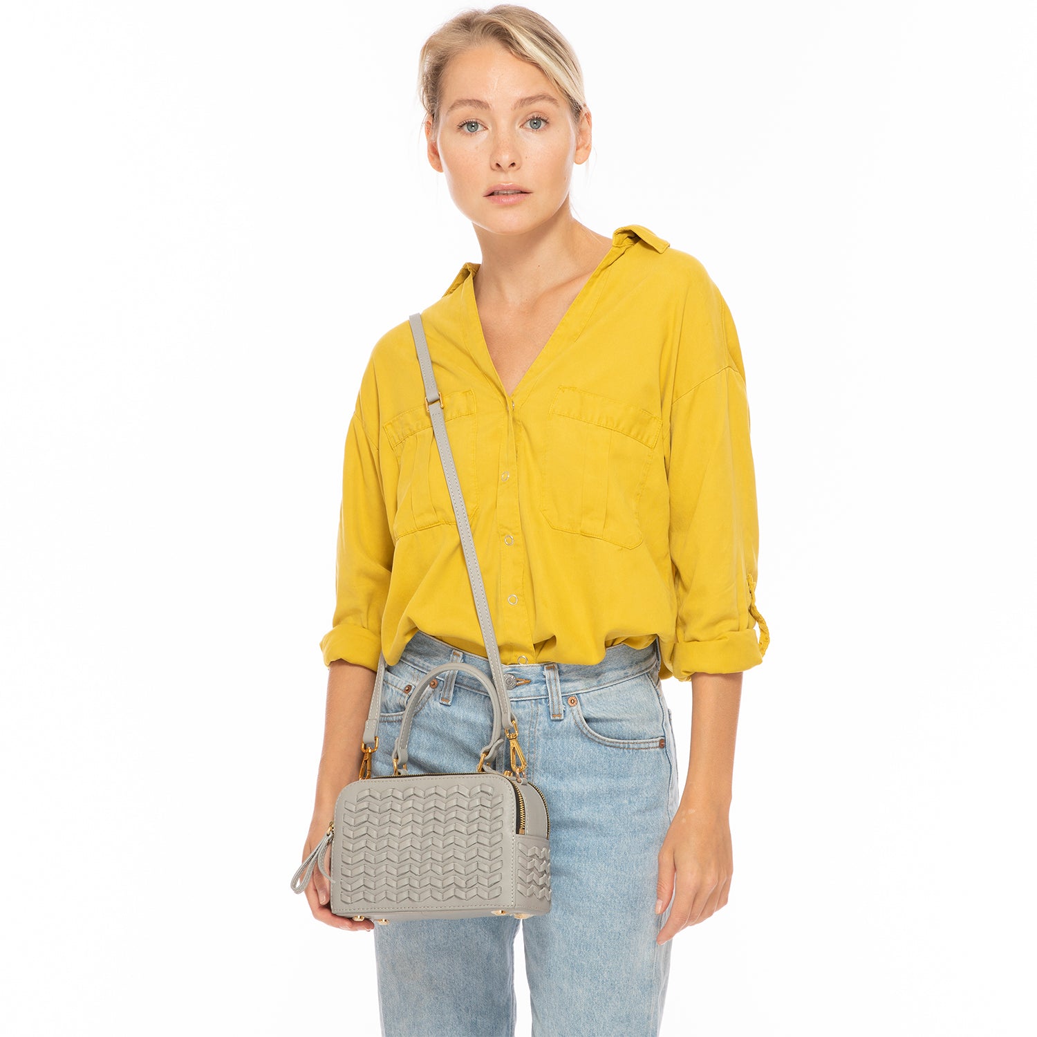 Kayla Light Gray Weave Leather Crossbody Purse featuring a boxy shape, woven leather front, and gold hardware accents.