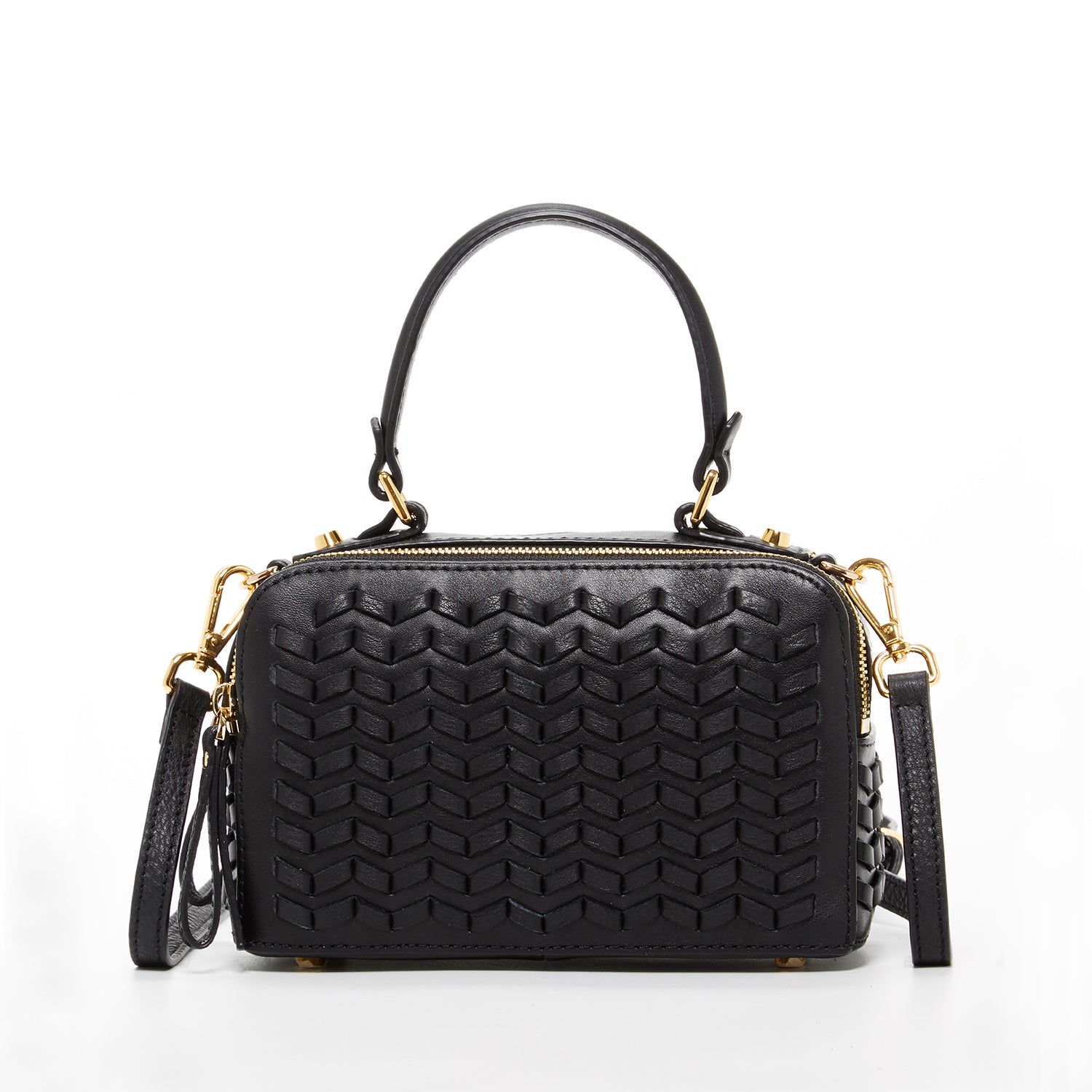 Kayla Woven Leather Bag in Black with woven front design and gold hardware, showcasing its elegant style and spacious compartments.