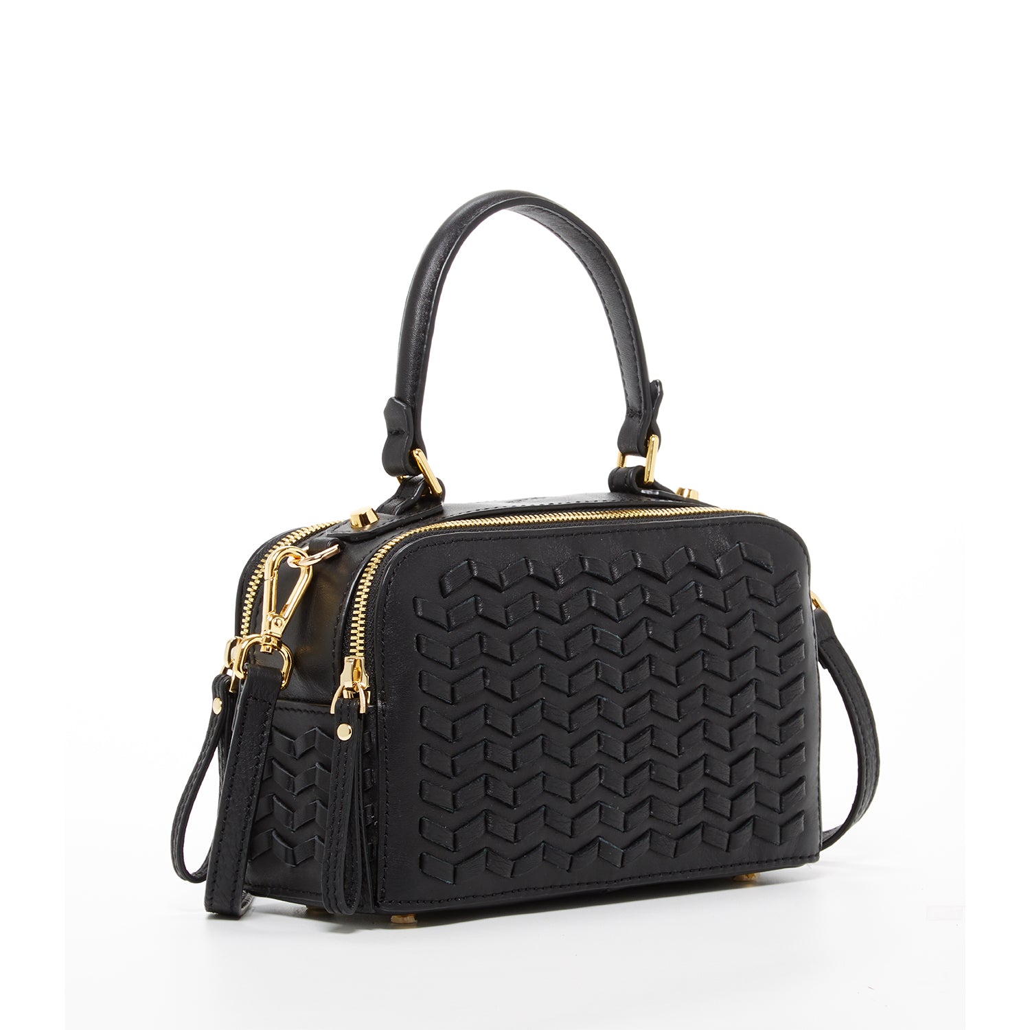 Kayla Woven Leather Bag in Black with woven front design and gold hardware, showcasing its elegant style and spacious compartments.