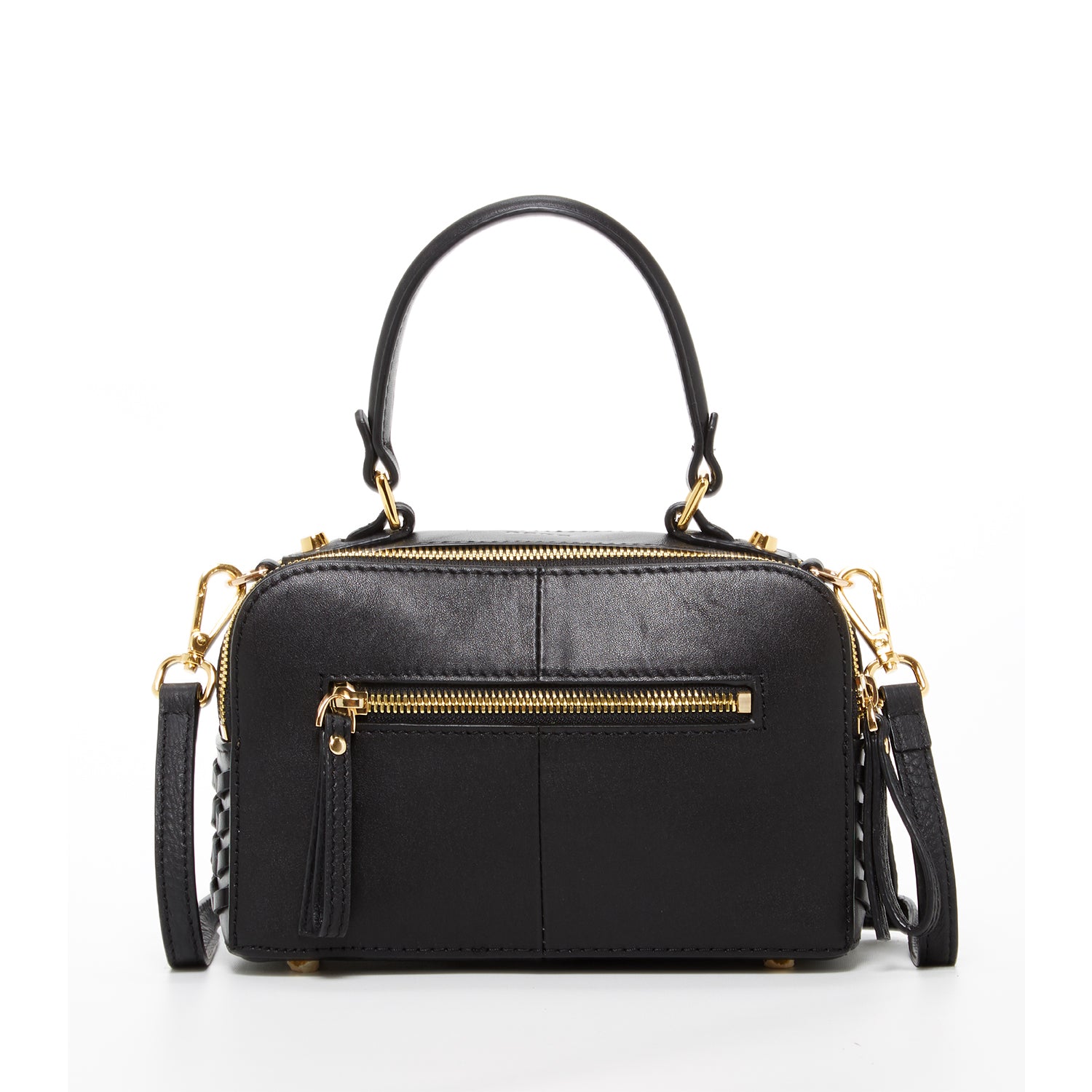 Kayla Woven Leather Bag in Black with woven front design and gold hardware, showcasing its elegant style and spacious compartments.