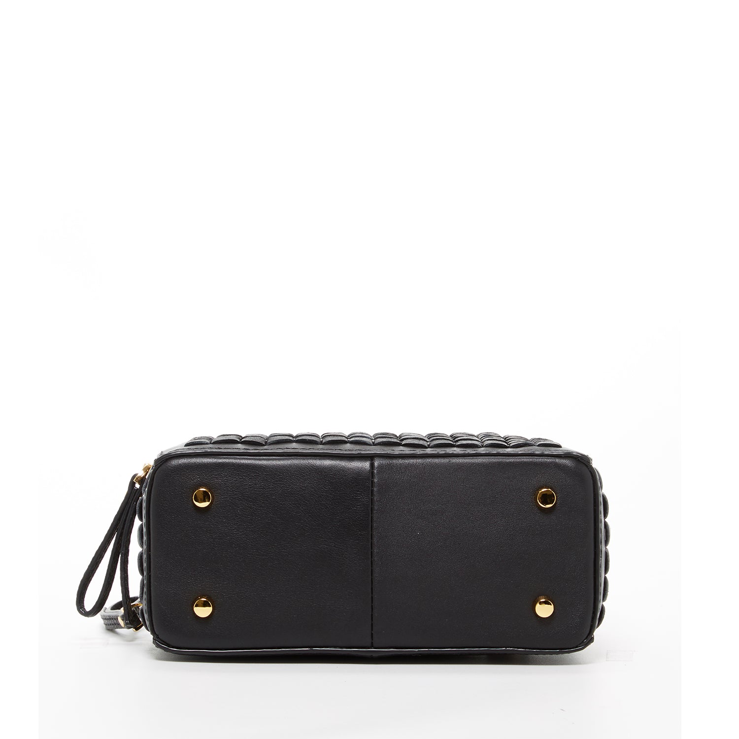 Kayla Woven Leather Bag in Black with woven front design and gold hardware, showcasing its elegant style and spacious compartments.