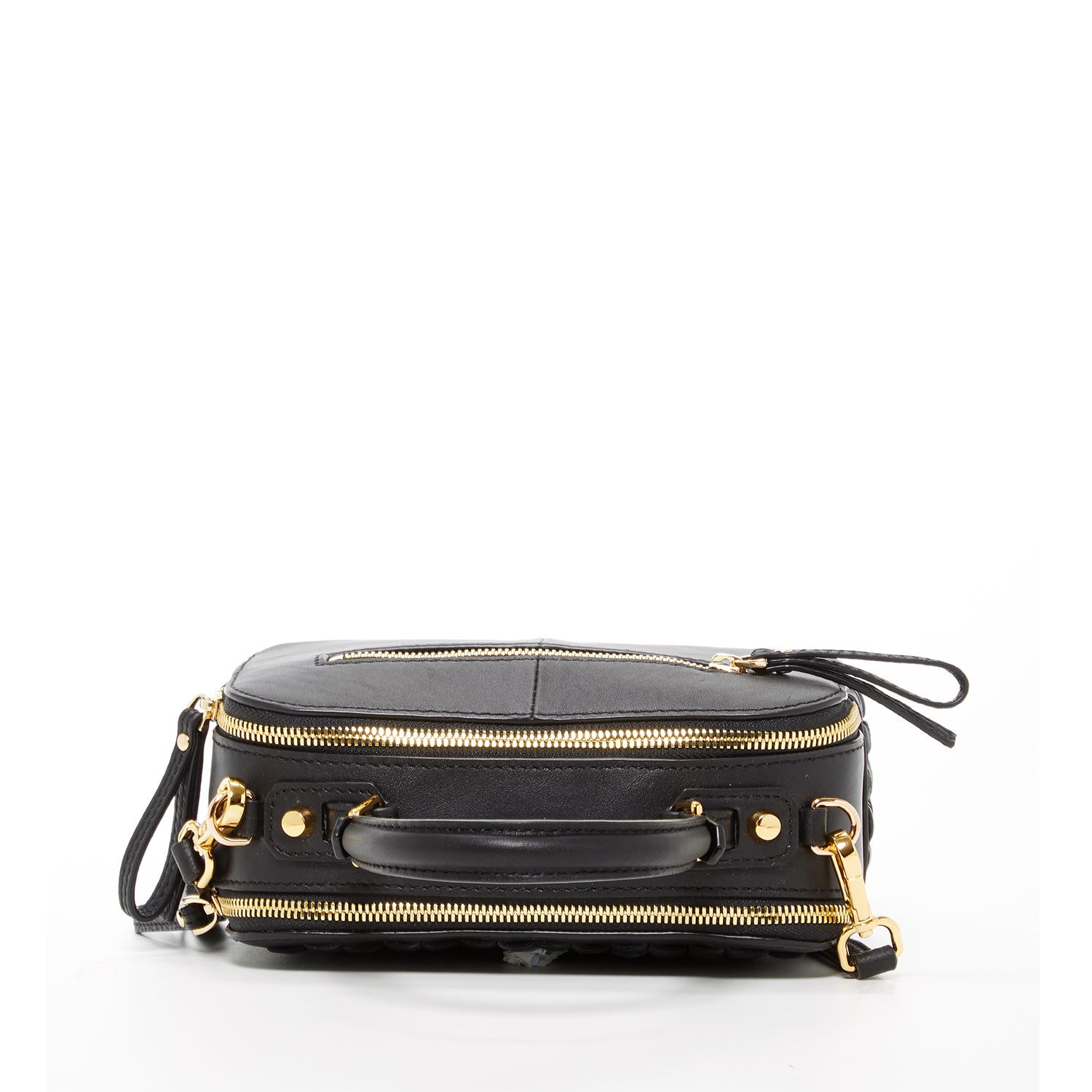 Kayla Woven Leather Bag in Black with woven front design and gold hardware, showcasing its elegant style and spacious compartments.