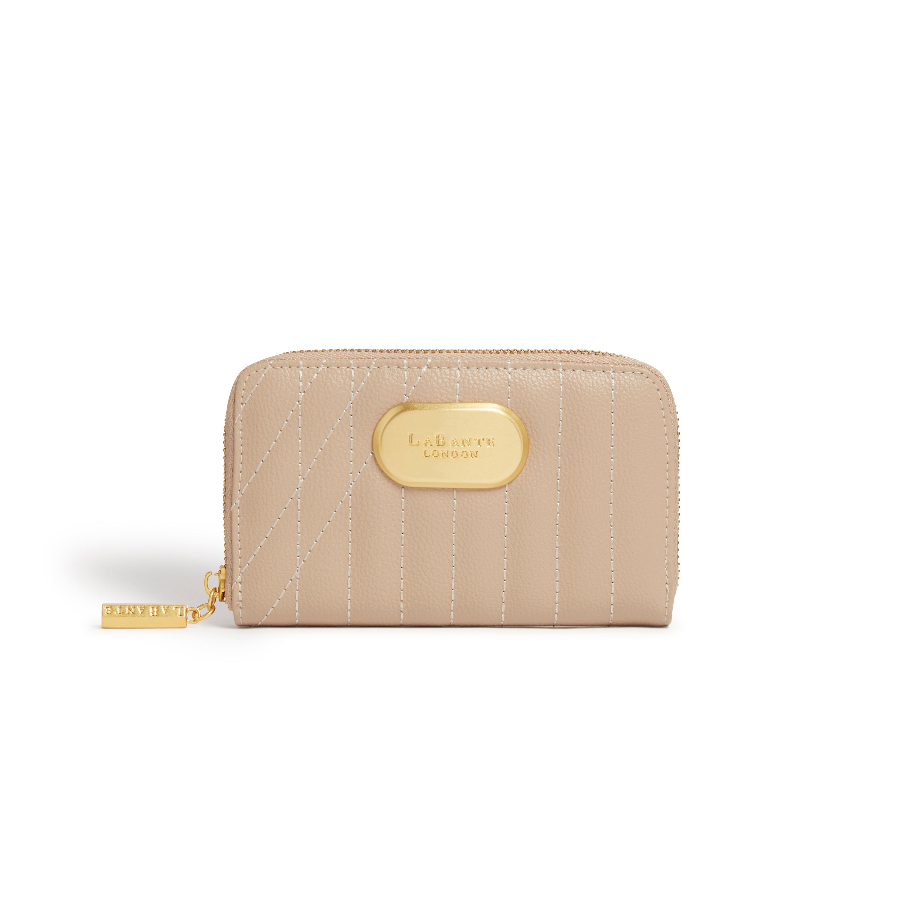 Kenia Wallet in Beige, a stylish vegan zip-around wallet with multiple compartments and LaBante London logo.