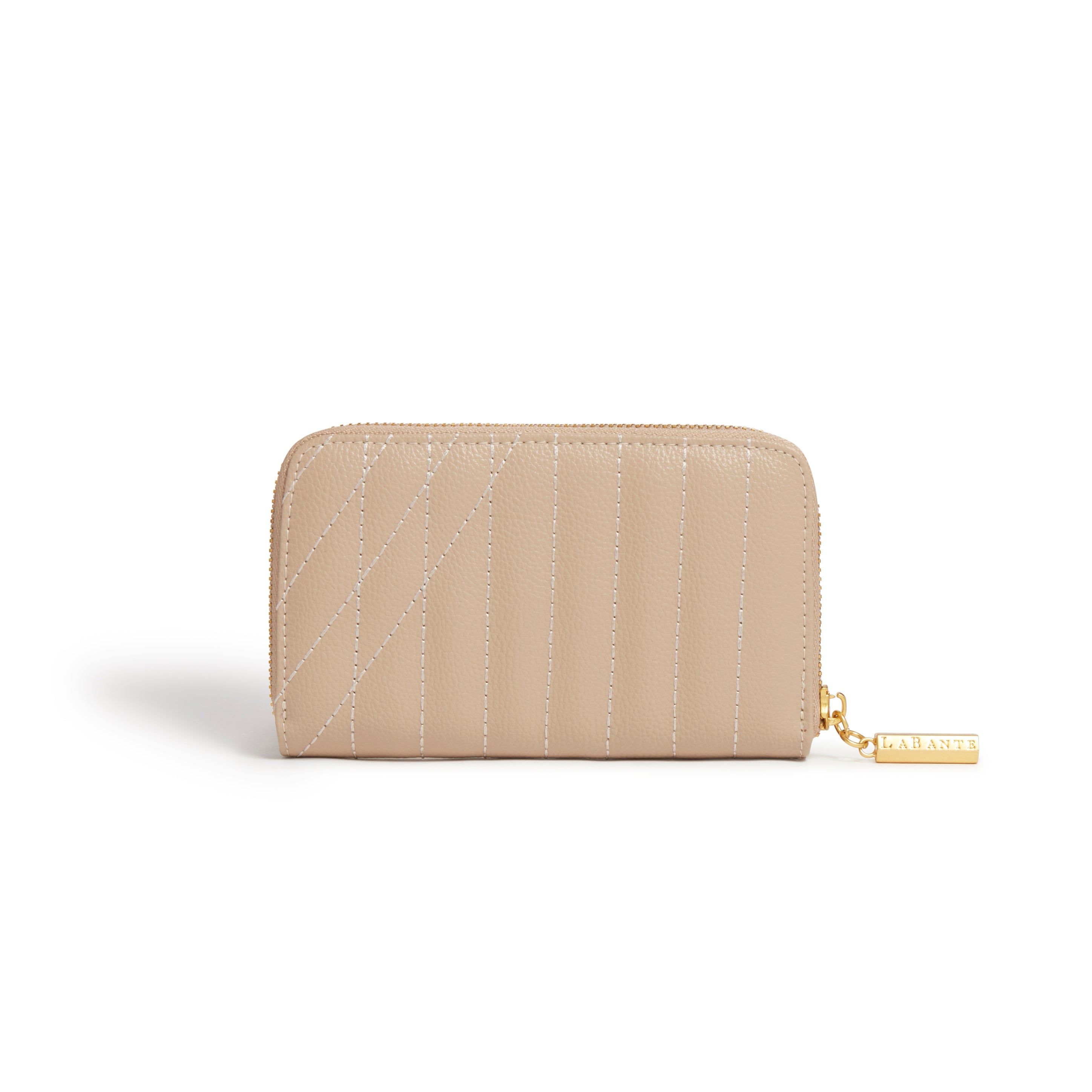 Kenia Wallet in Beige, a stylish vegan zip-around wallet with multiple compartments and LaBante London logo.