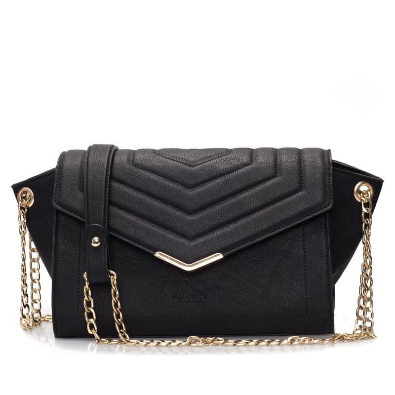 Kensington Black Vegan Leather CrossBody Bag with double gold chain strap and V-shape quilting design.