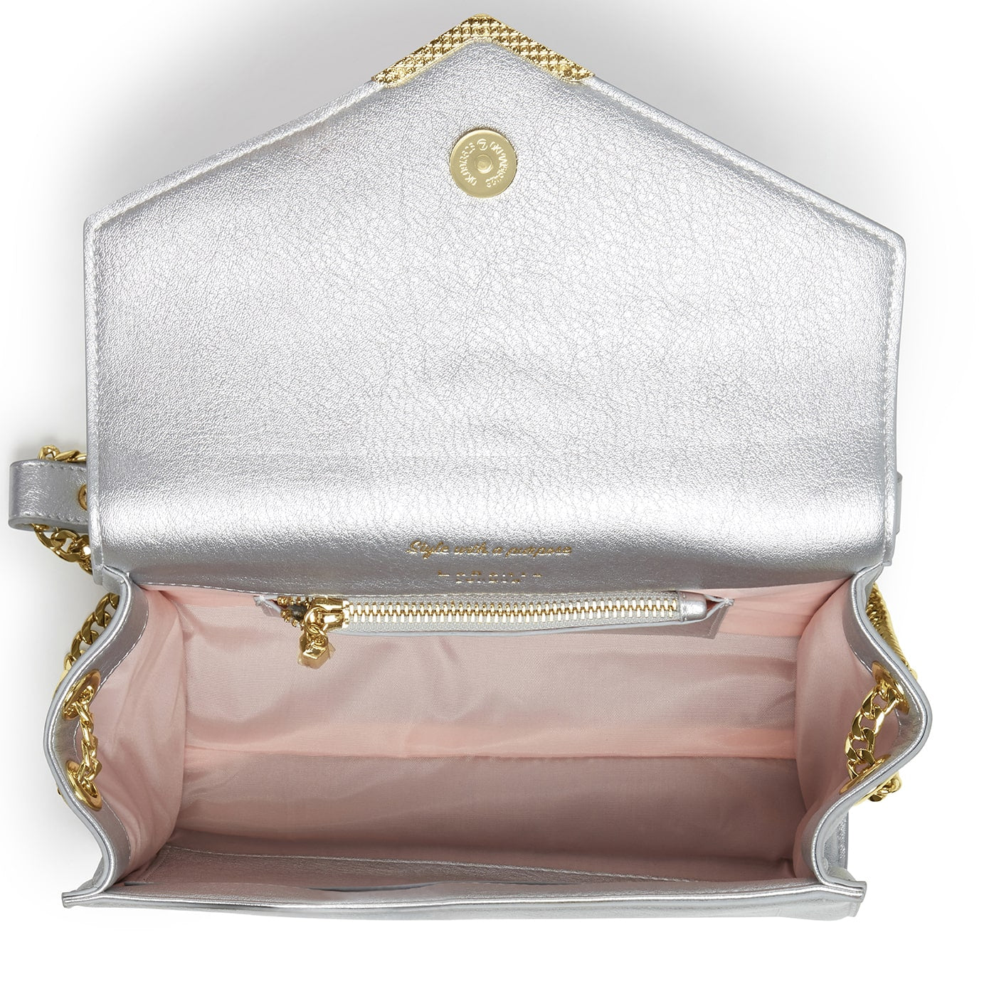 Kensington Silver Vegan Cross Body Bag with double gold chain strap and V-shape quilting design.