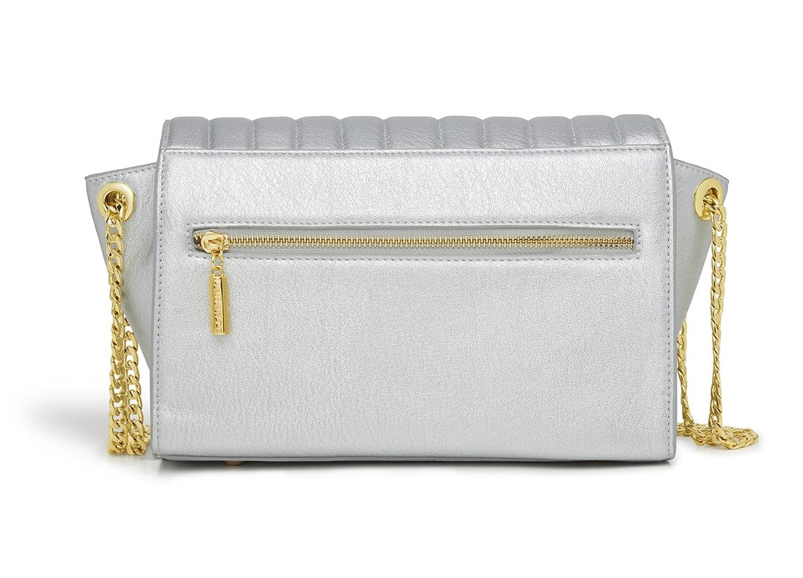 Kensington Silver Vegan Cross Body Bag with double gold chain strap and V-shape quilting design.