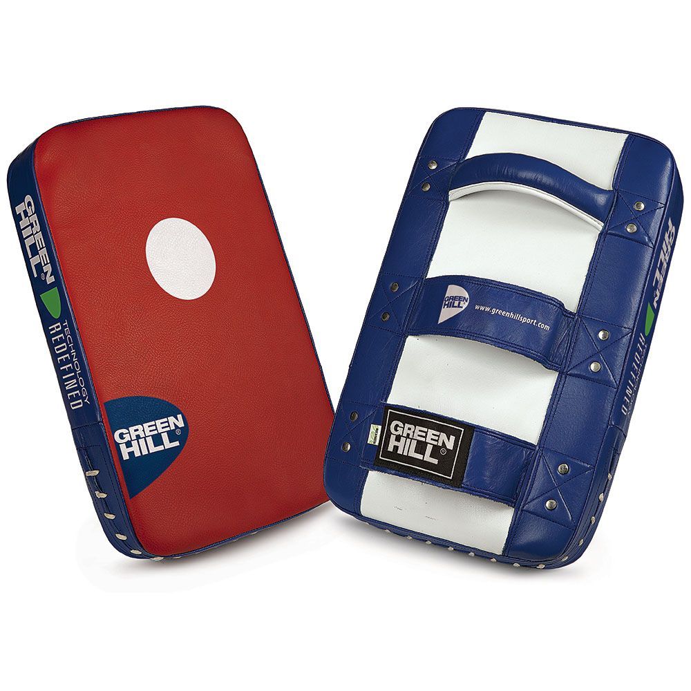 KICK SHIELD ACE in blue, red, and white colors, showcasing its durable leather design for martial arts training.