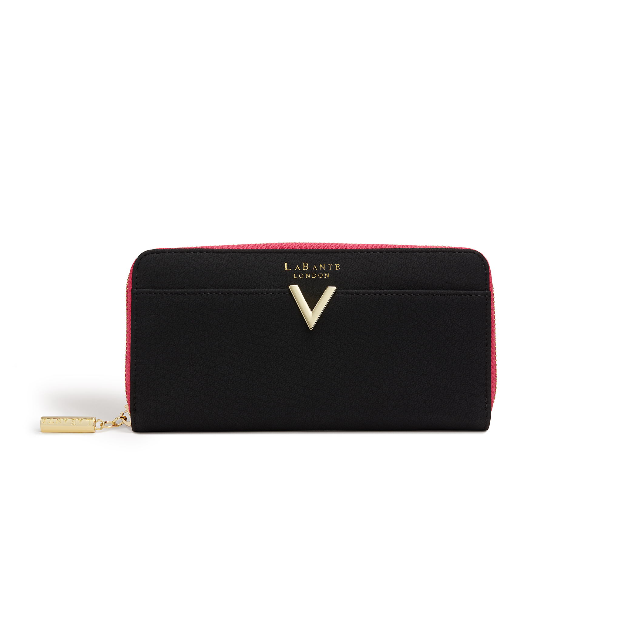 Kindness Black Vegan Two-Tone Wallet featuring soft Napa faux leather, V metal hardware, and multiple compartments.